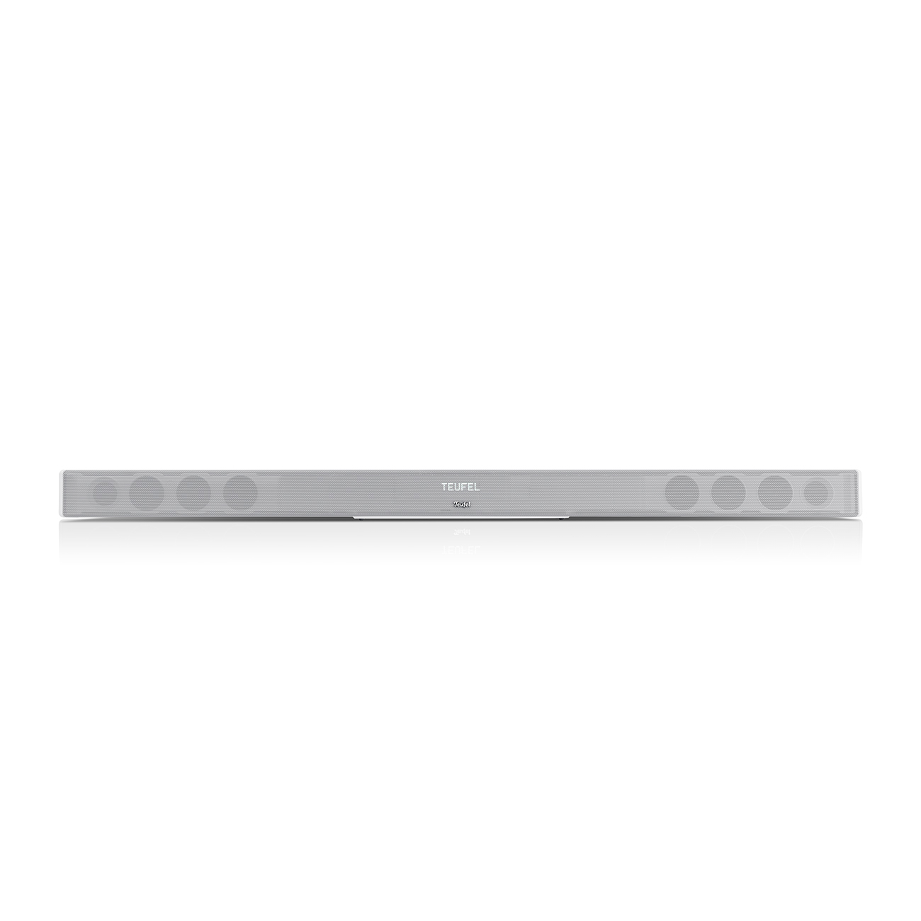 Een zilveren soundbar met de merknaam in het midden, op wit.