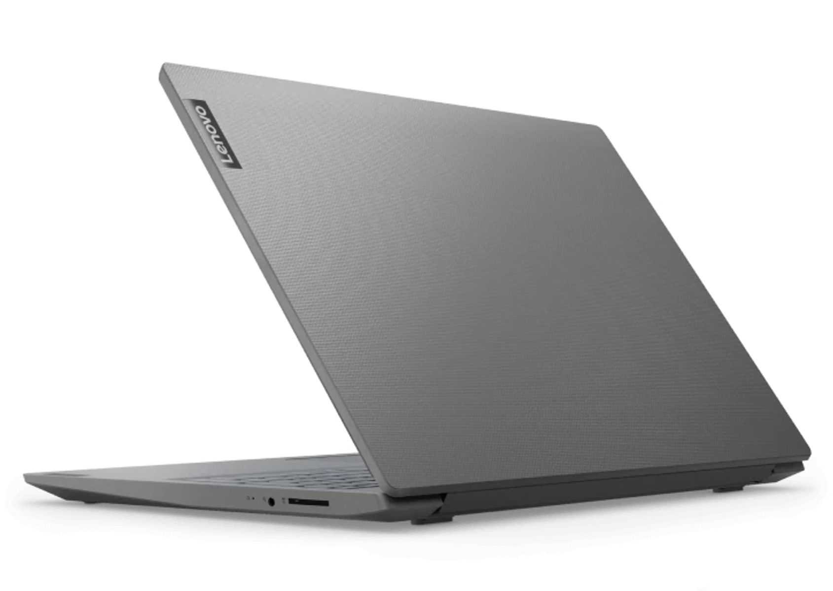 Laptop con el logotipo de Lenovo, abierto en ángulo. El color es gris.