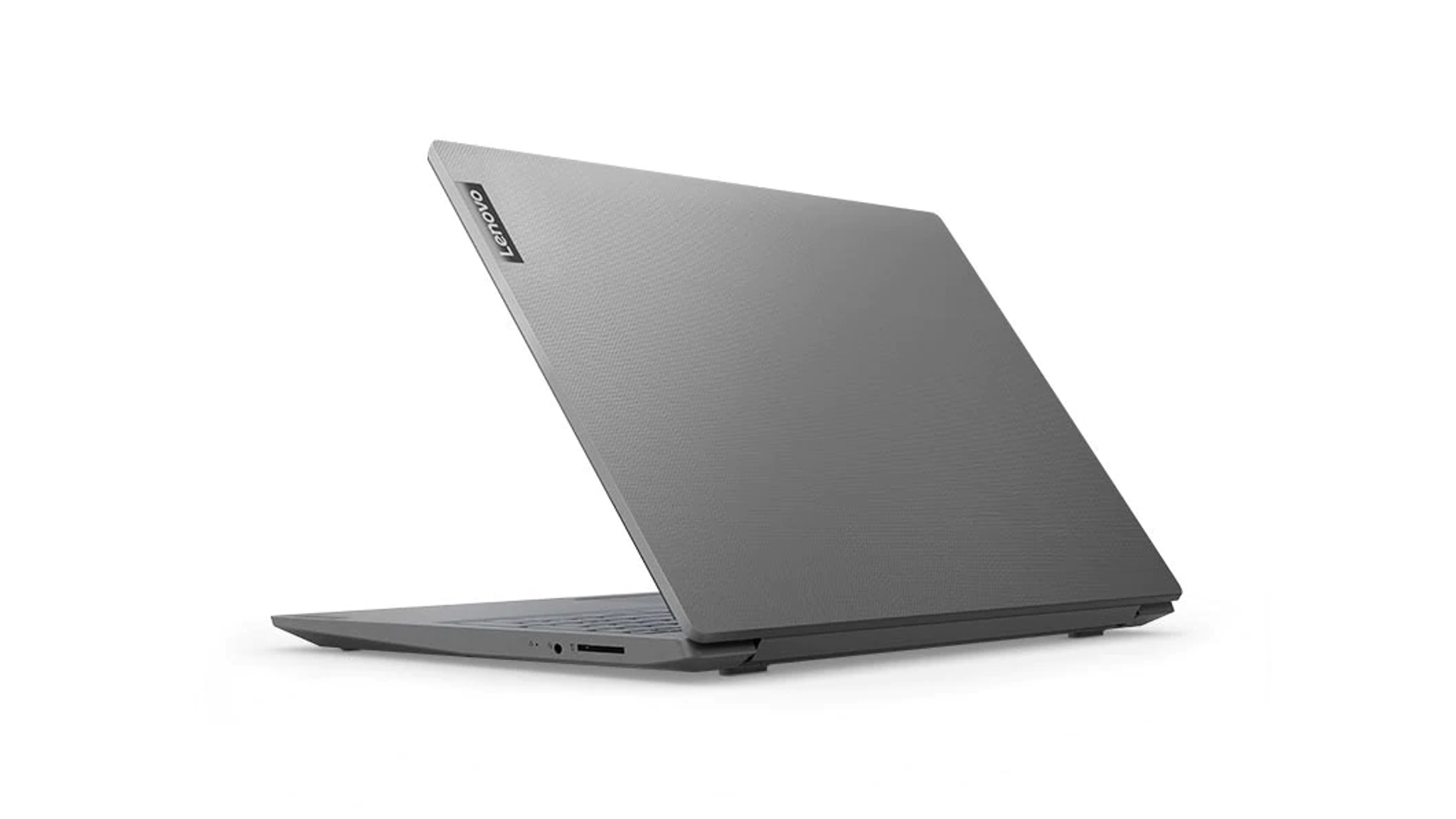 Un portátil gris está abierto, mostrando la parte trasera y el logo de Lenovo.
