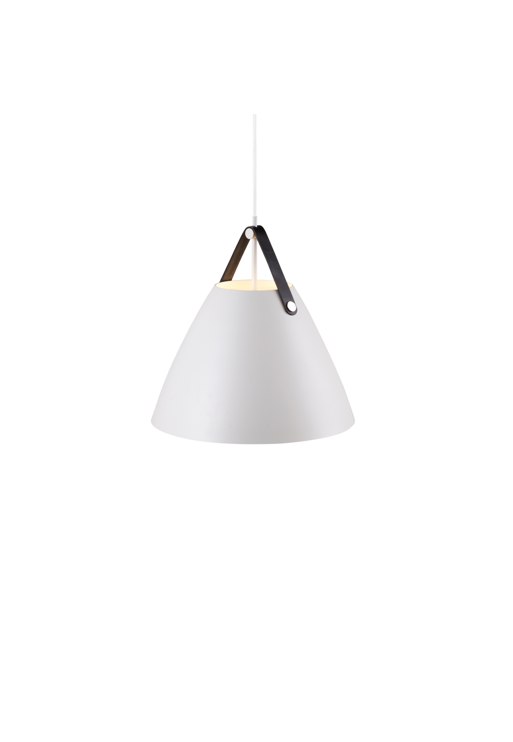 Lampe suspendue blanche avec sangle noire et fond blanc.