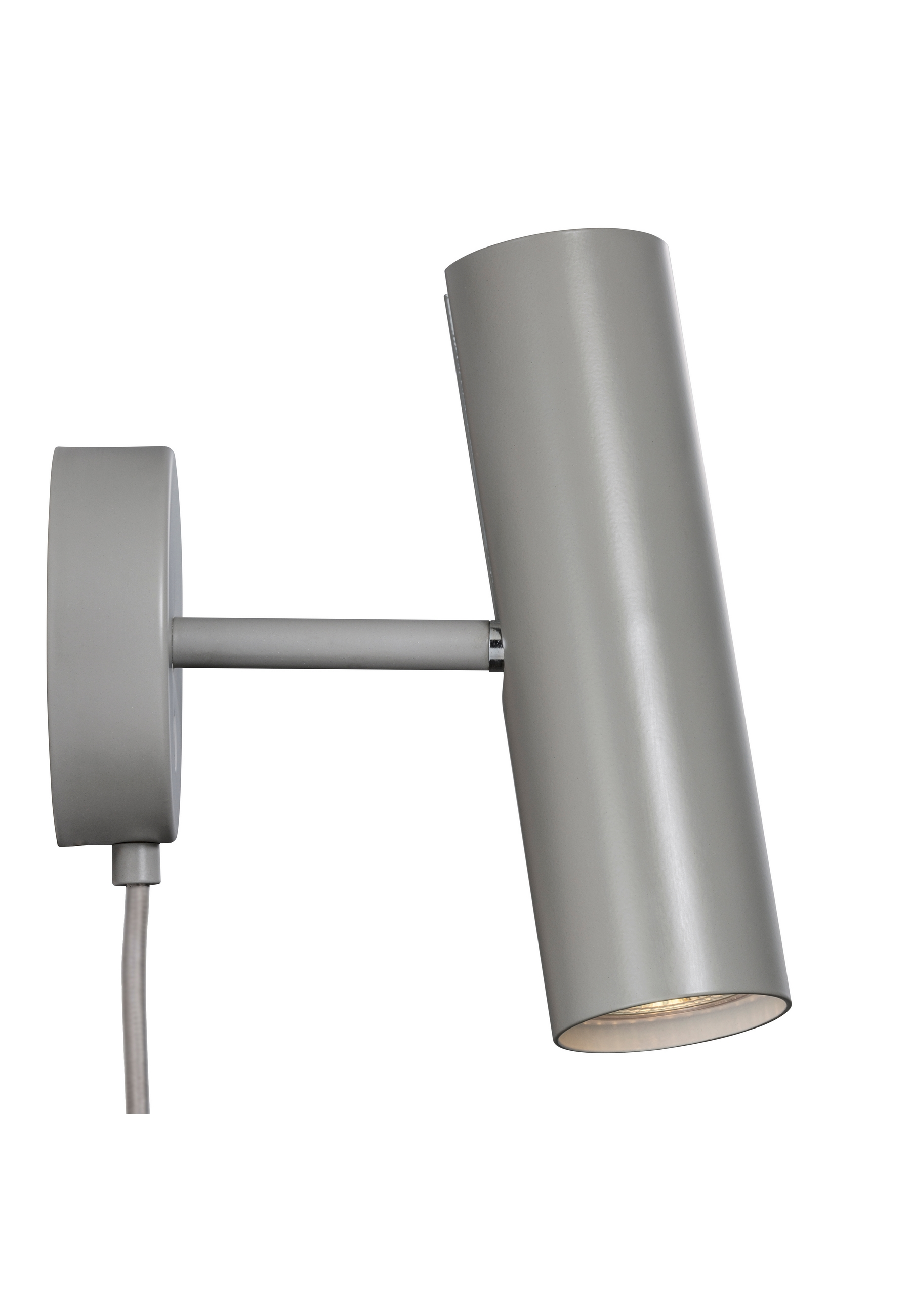 Graue Wandleuchte mit zylindrischem Körper und verstellbarem Arm.