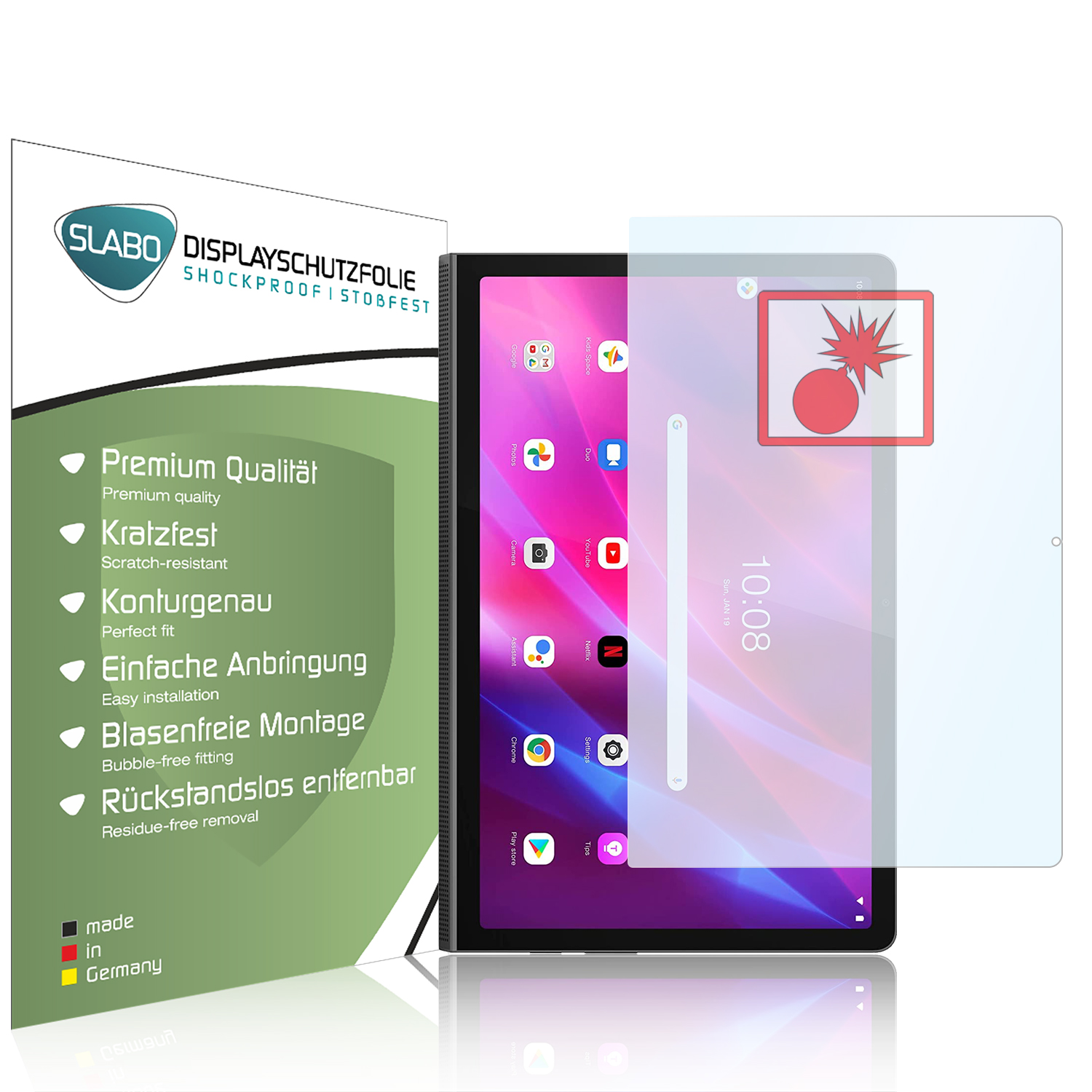 Tablet mit Displayschutzfolie, Apps zeigend, und Schutzfolie.