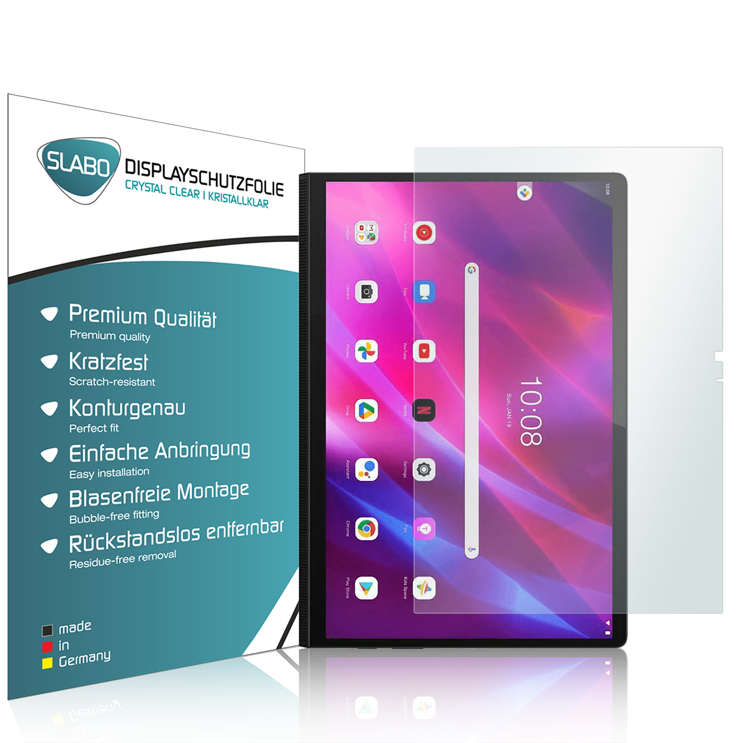 Tablet mit Displayschutzfolie und Produktverpackung links. Weißer Hintergrund.
