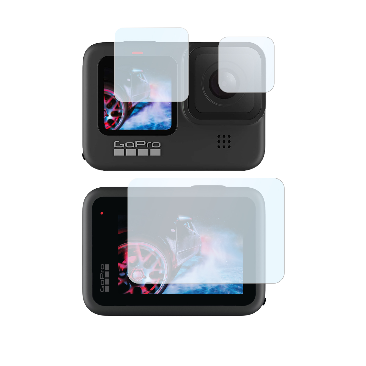 Zwei schwarze Action-Kameras mit angebrachten Displayschutzfolien, auf weißem Hintergrund. GoPro-Logo sichtbar.