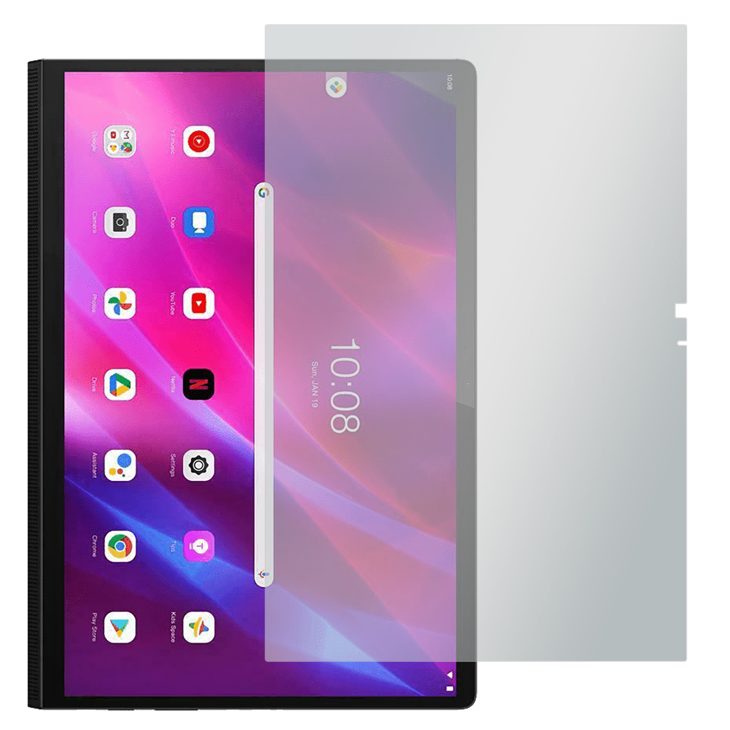 Tablet mit angebrachtem Bildschirmschutz. Der Bildschirm zeigt eine Benutzeroberfläche mit Symbolen und Zeit.