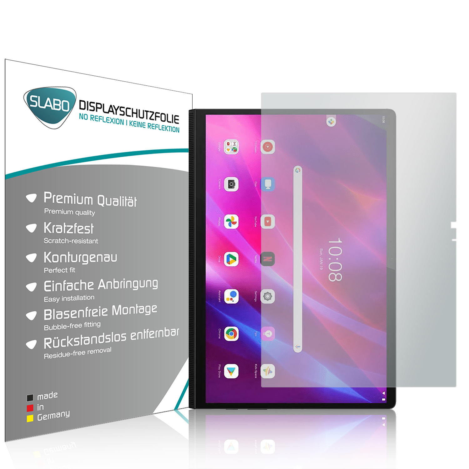 Tablet mit Displayschutzfolie und Schachtel mit Text, auf weißem Hintergrund.