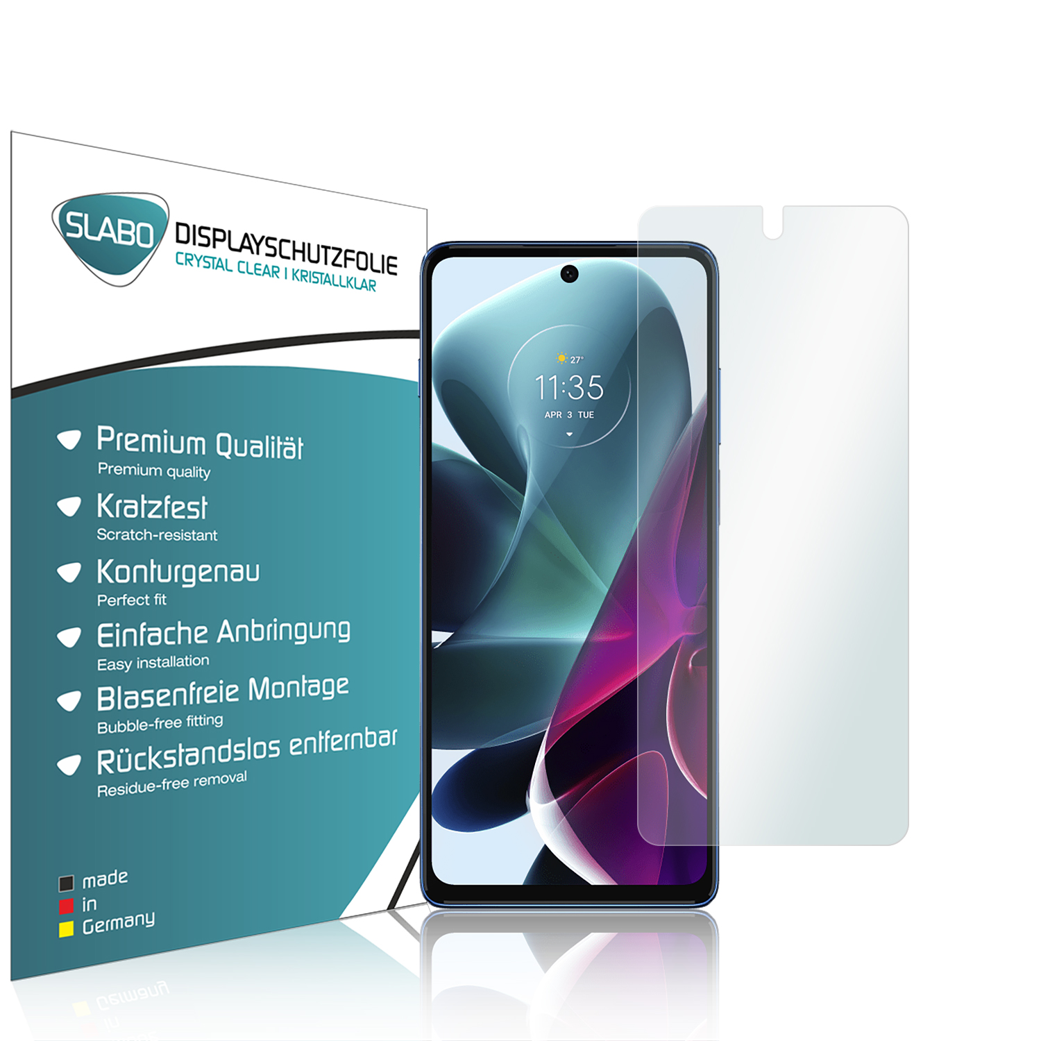 Telefon mit aufgebrachter Displayschutzfolie und separater Folie auf weißem Hintergrund.