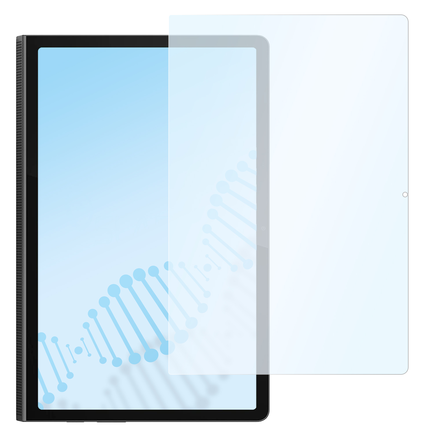 Ein Tablet mit angebrachter Displayschutzfolie, die einen blauen Hintergrund mit einem DNA-Strang zeigt.