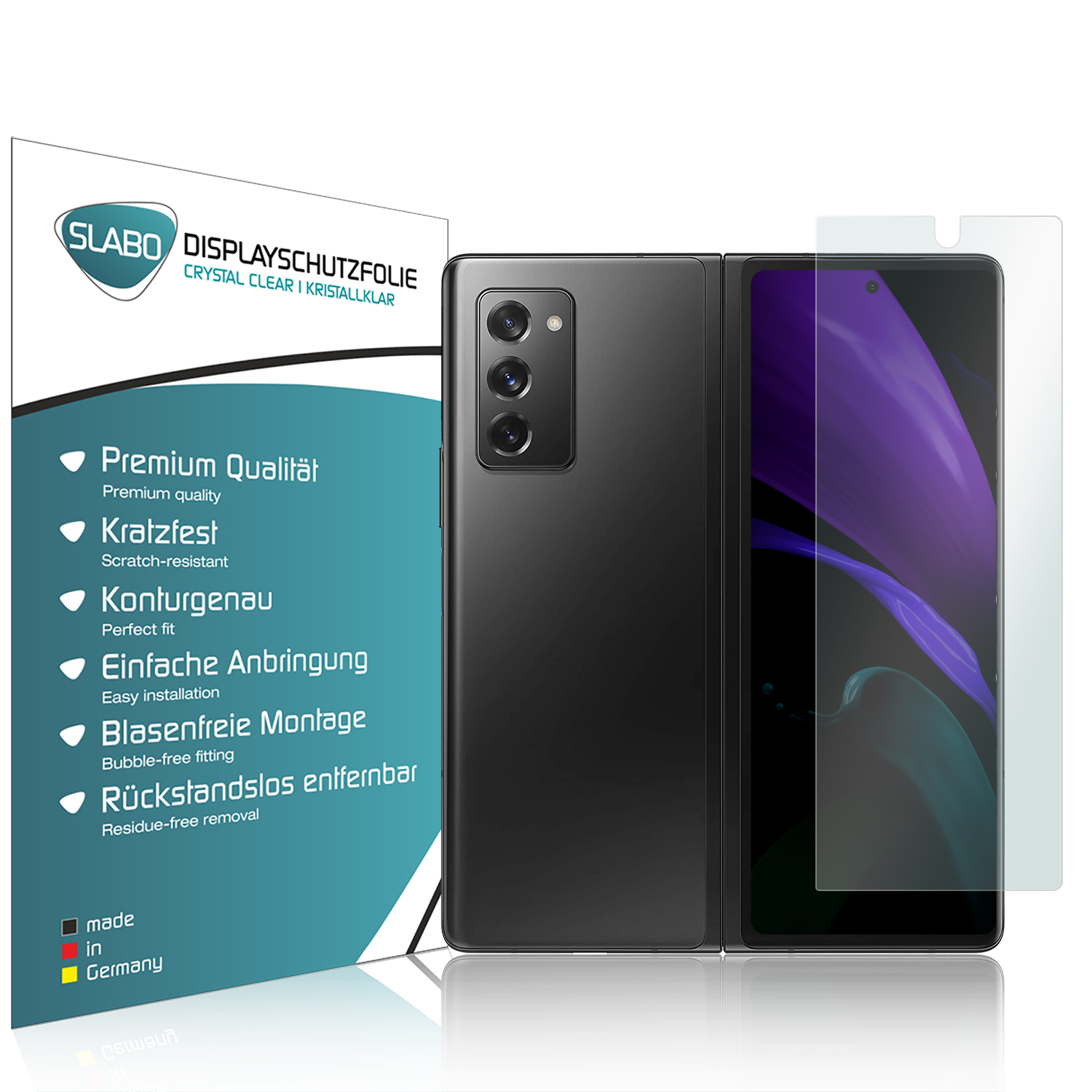 Schwarzes Telefon mit Displayschutzfolie und Produktverpackung. Weißer Hintergrund.