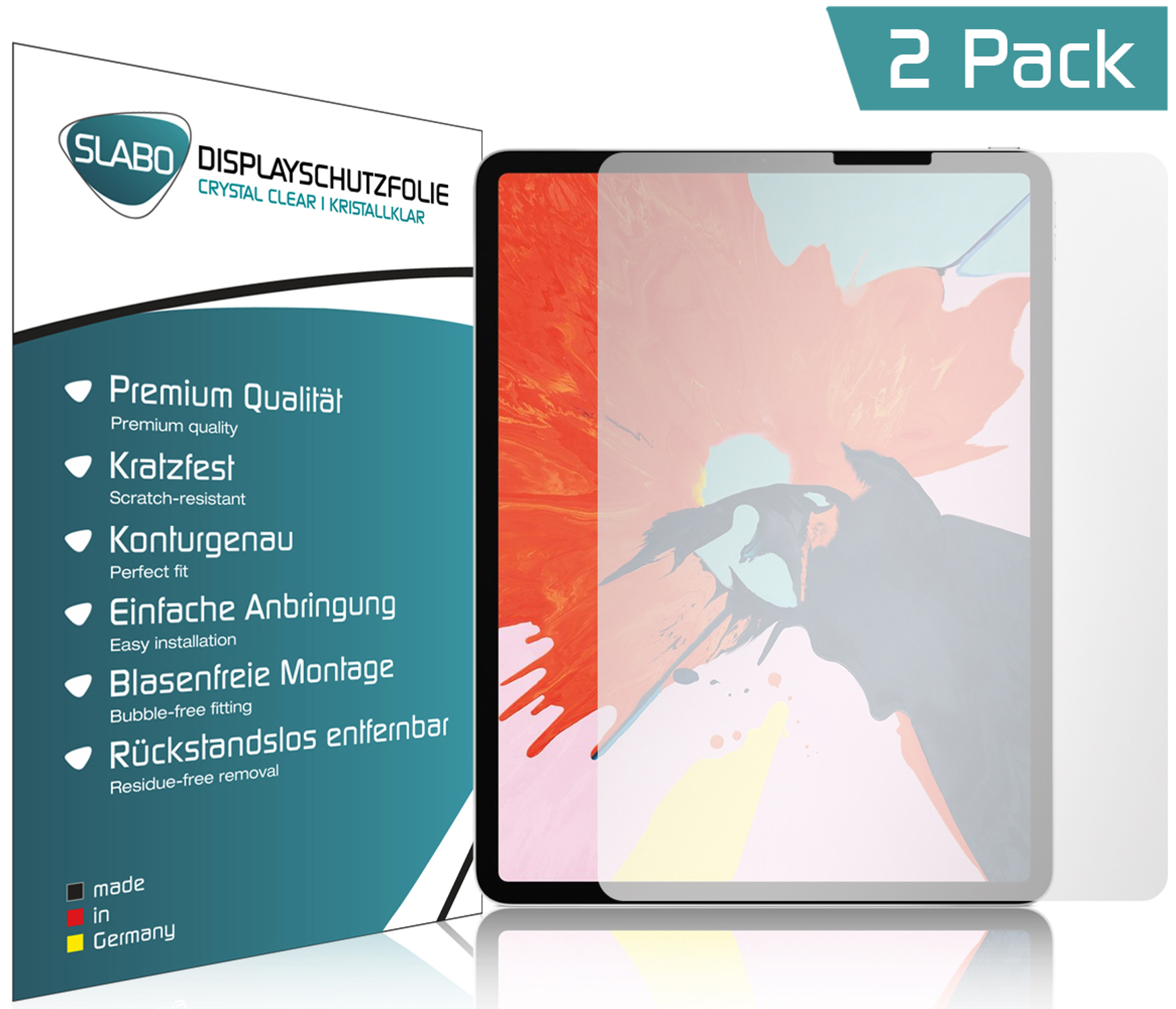 Eine Displayschutzfolien-Verpackung mit Tablet und Schutzfolien.