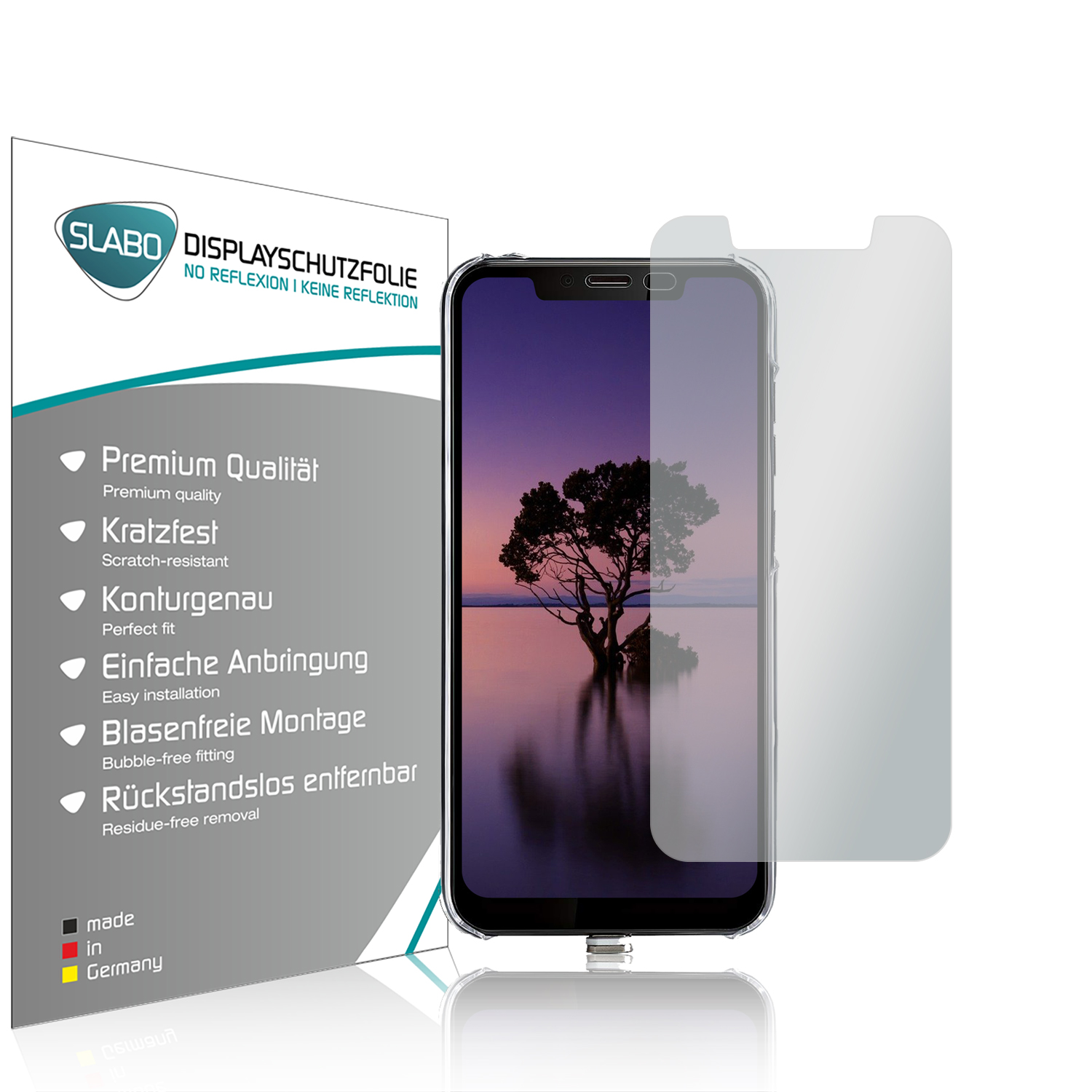 Smartphone mit Displayschutzfolie. Die Folie liegt daneben und daneben eine Produktbox mit Text.