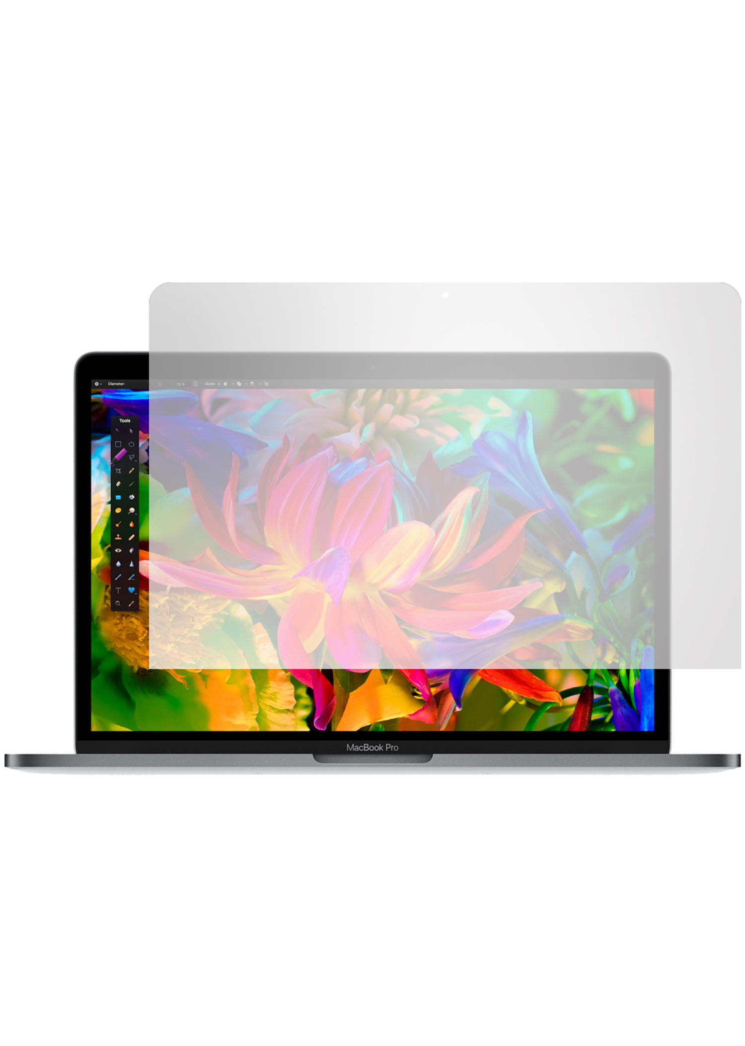 MacBook Pro mit Displayschutz. Der Bildschirm zeigt ein farbenfrohes digitales Gemälde mit einem Stift.