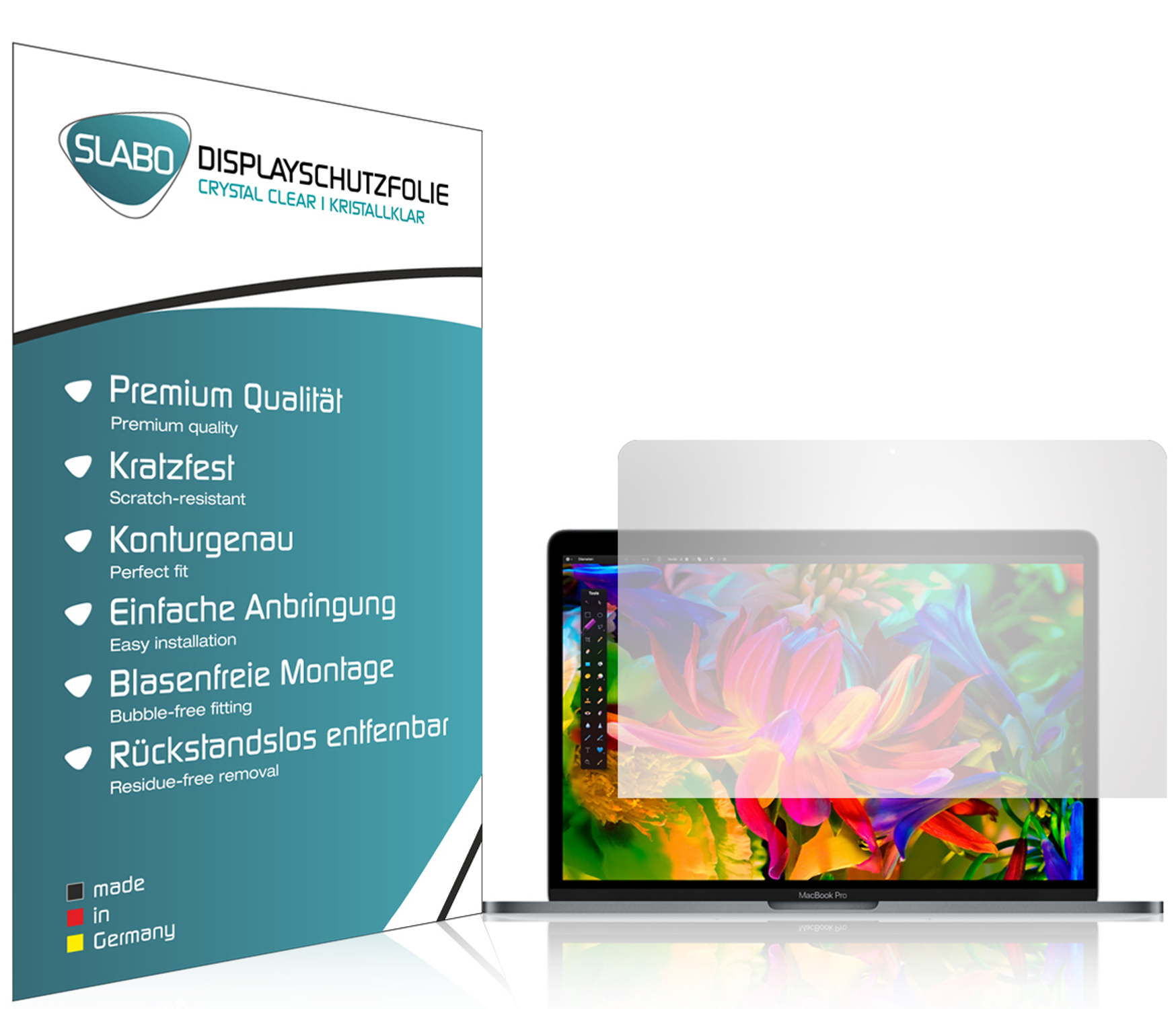 Ein Displayschutz für einen Laptop mit Text und ein Laptop mit farbenfroher Anzeige.