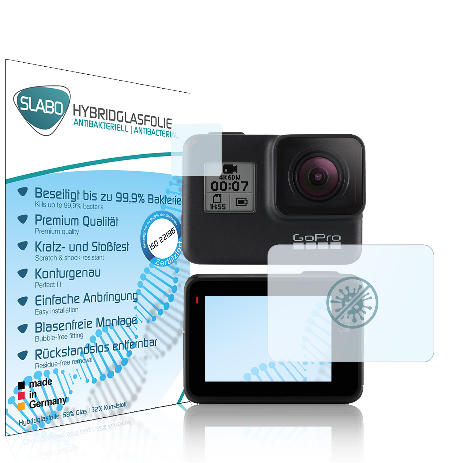GoPro-Kamera mit Displayschutzfolie und einer Box mit Text auf weißem Hintergrund.