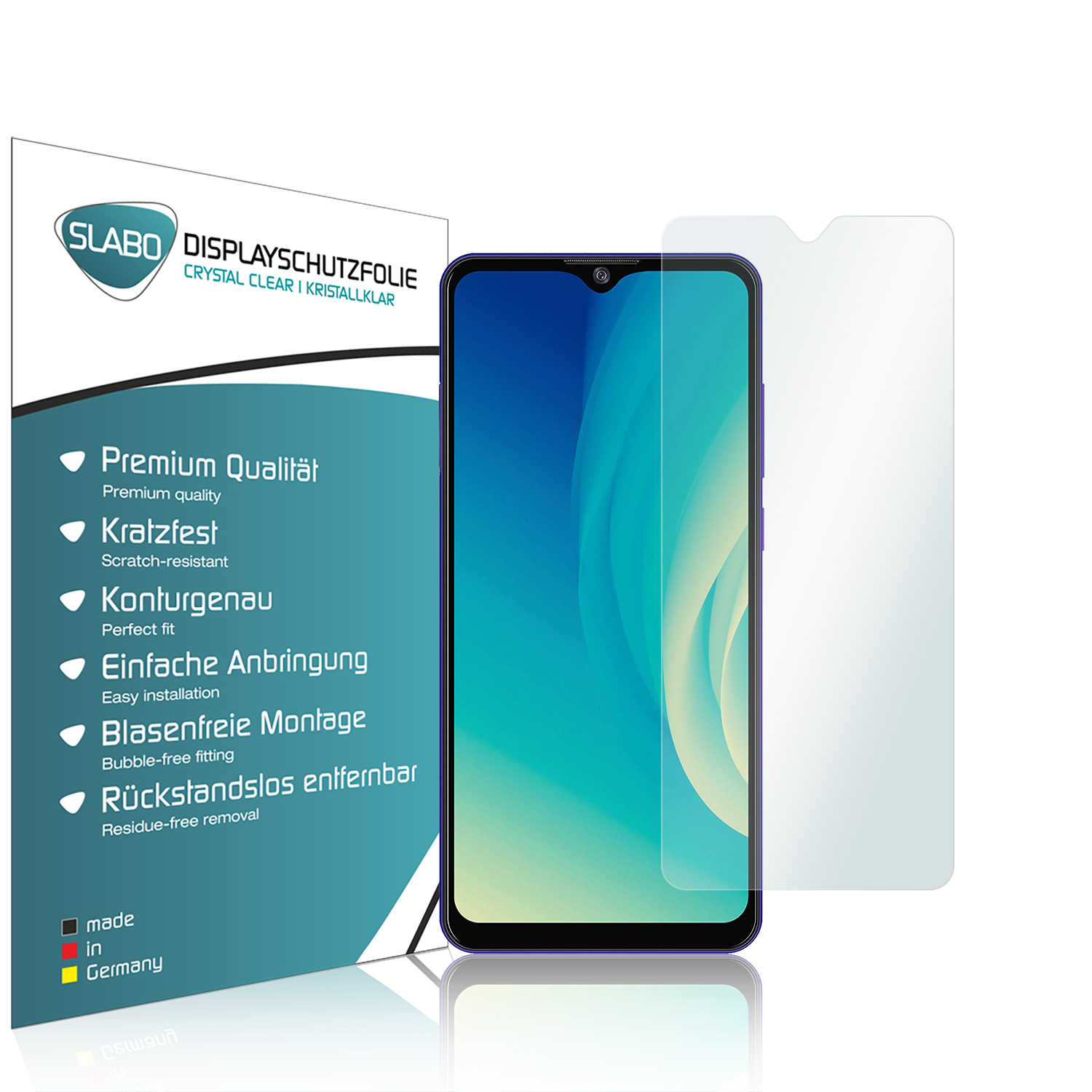 Smartphone mit Displayschutzfolie. Die Folie liegt daneben und daneben eine Produktbox mit Text.
