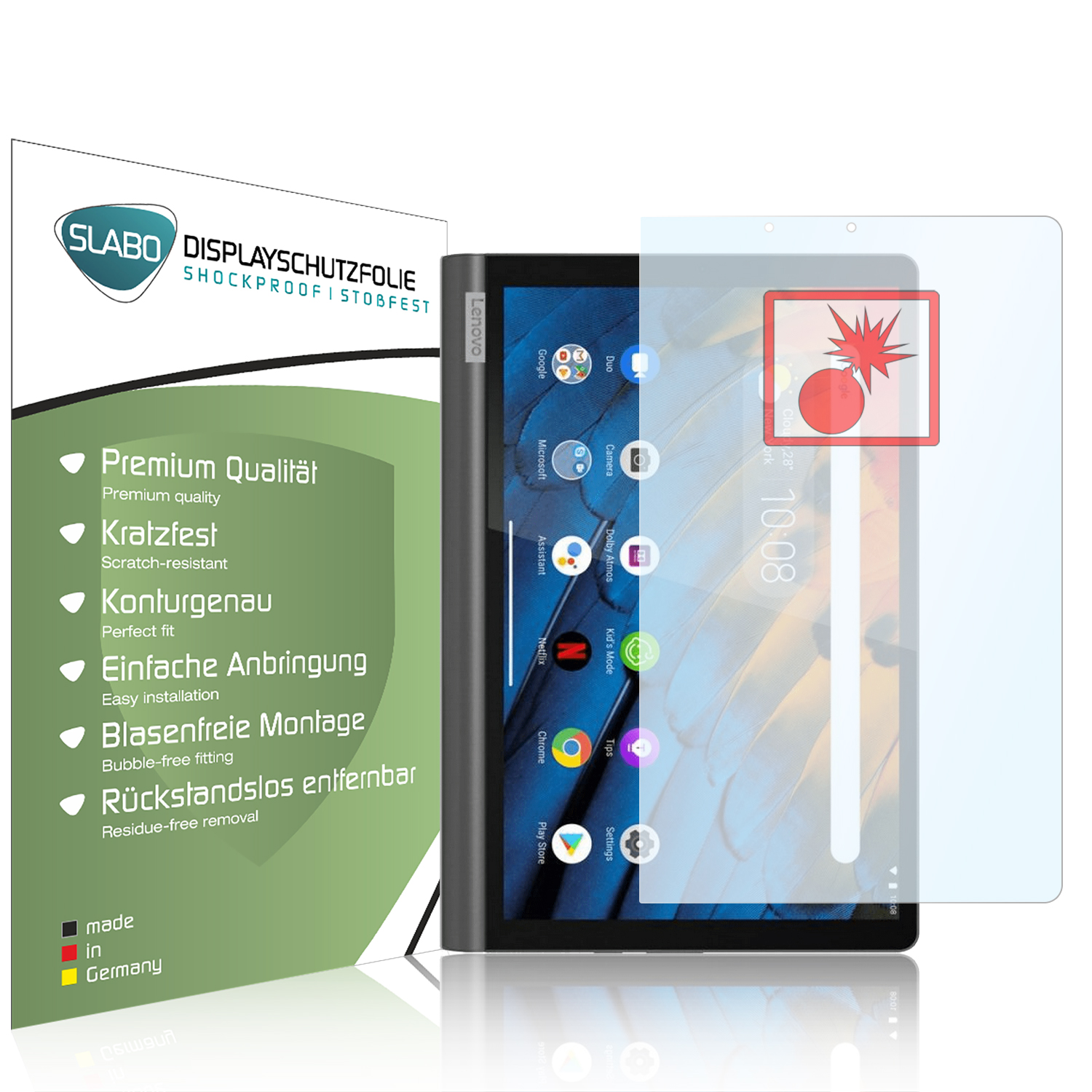 Tablet mit Displayschutzfolie. Schutzverpackung links mit Text, der die Eigenschaften beschreibt.
