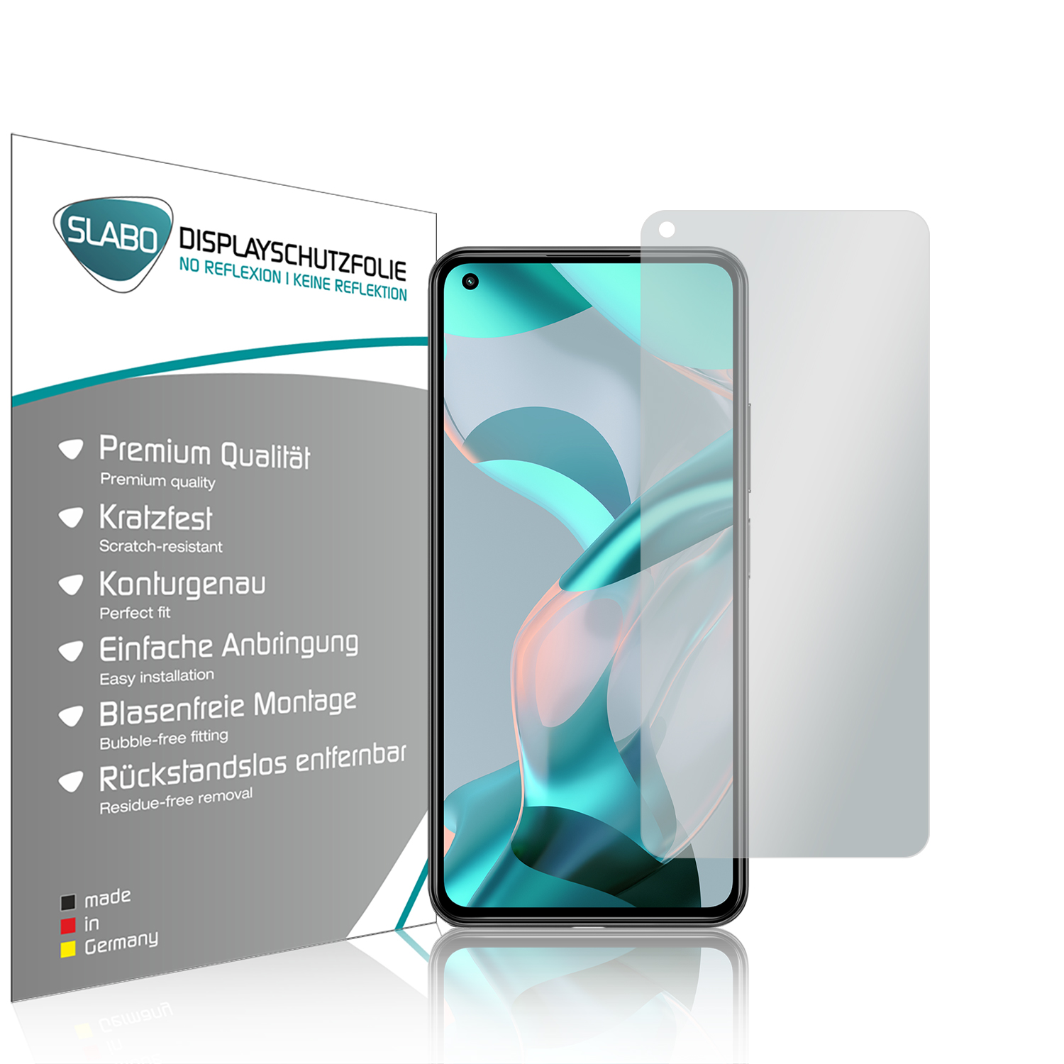 Displayschutzfolie für ein Smartphone, zeigt Telefon und Verpackung.