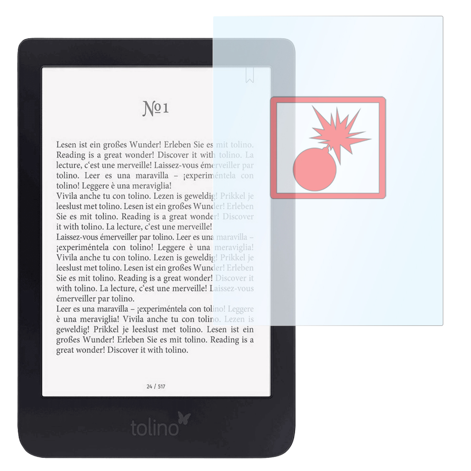 E-Reader mit Text, einer Schutzfolie und einem roten Explosionssymbol.