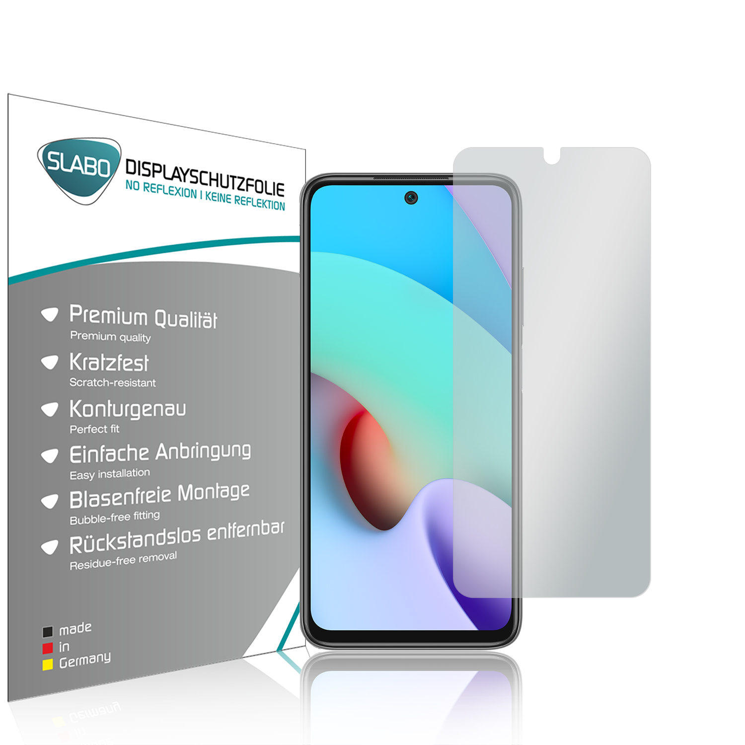 Schwarz-blaues Telefon mit Displayschutzfolie und Produktverpackung. Weißer Hintergrund.
