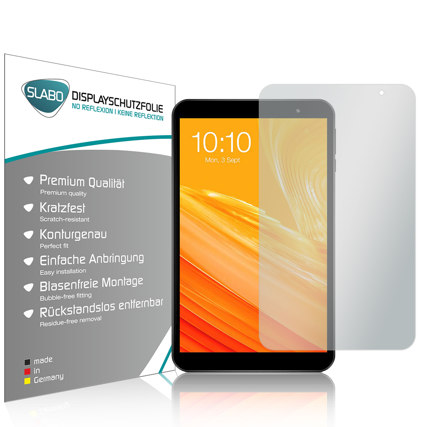 Ein Tablet mit Displayschutzfolie und dessen Verpackung, die Funktionen zeigt.