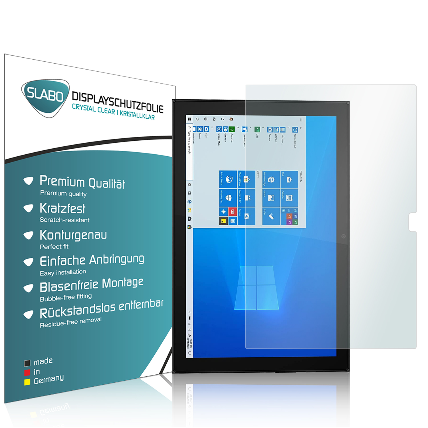 Ein Tablet mit Displayschutzfolie und Verpackung. Die Verpackung enthält Text wie 'Premium Qualität' und 'Kratzfest'.