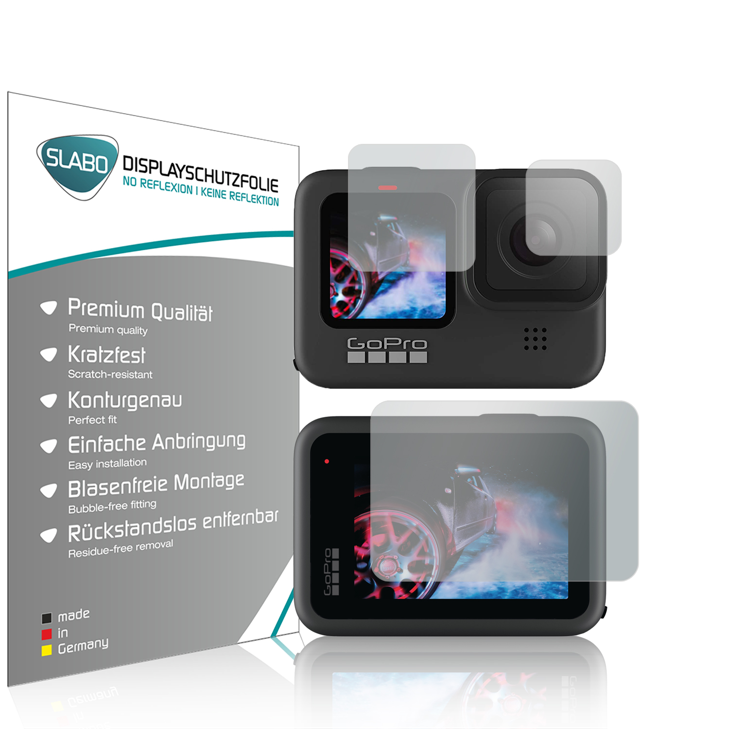 GoPro-Kamera mit Displayschutzfolien und Produktinformationskarte.