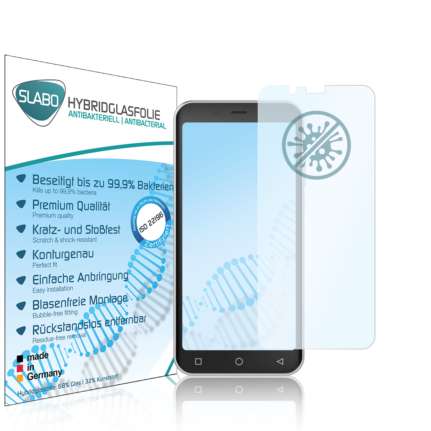 Smartphone mit Displayschutzfolie, Displayschutzfolienbox und weißem Hintergrund.