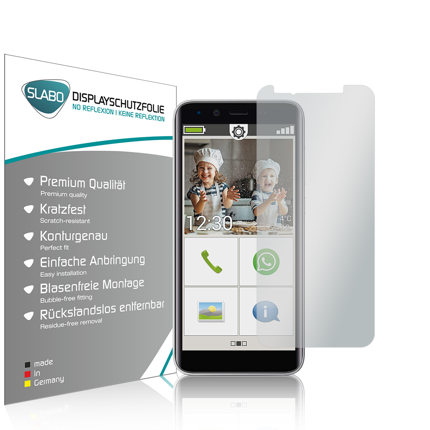 Telefon mit Displayschutzfolie, Funktionen links, klarer Schutz rechts.