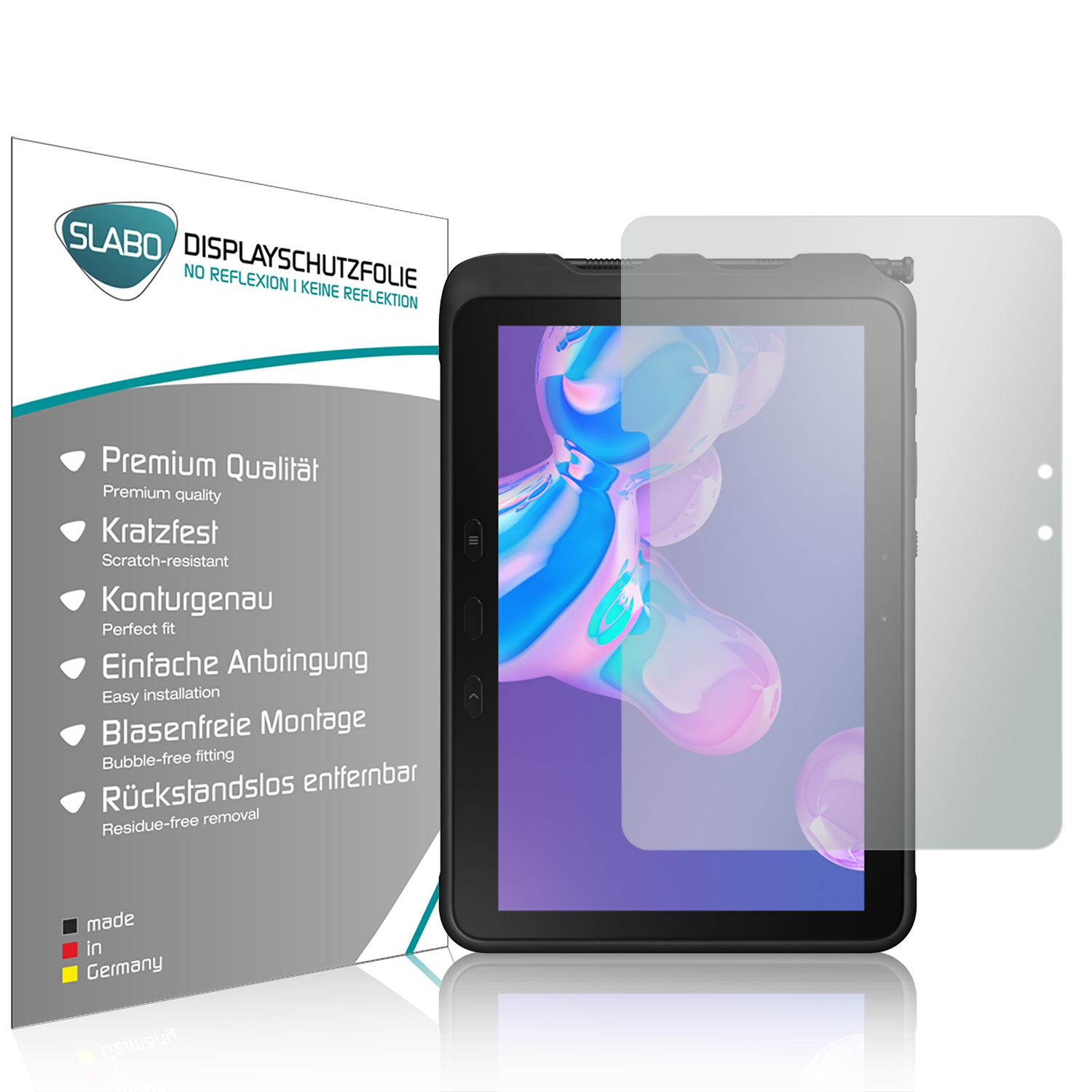 Ein weißes Tablet, auf dem ein Displayschutz angebracht wird. Eine Verpackung mit Text ist links.