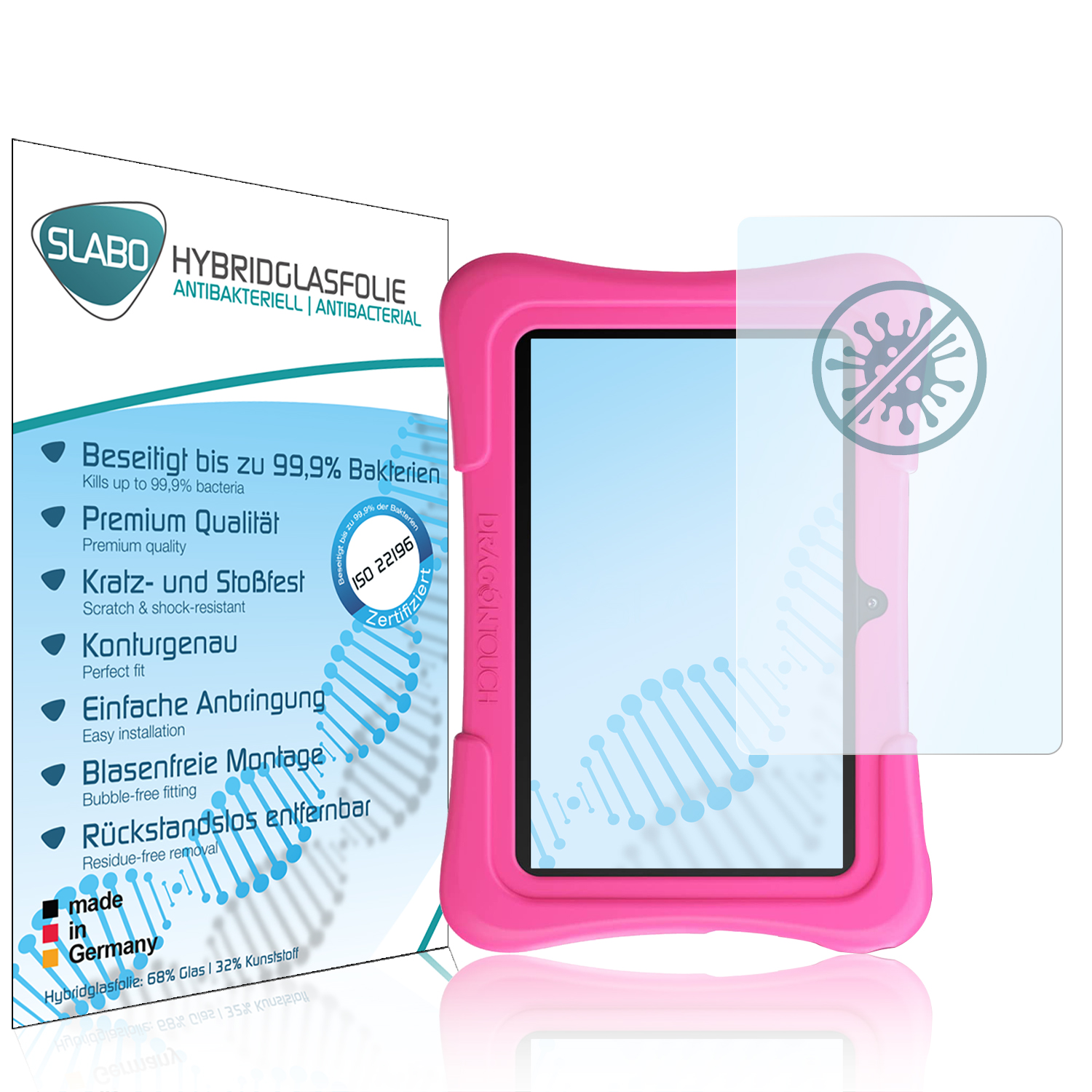 Rosa Tablet mit Displayschutzfolie und Box mit Text. Der Schutz ist angebracht.