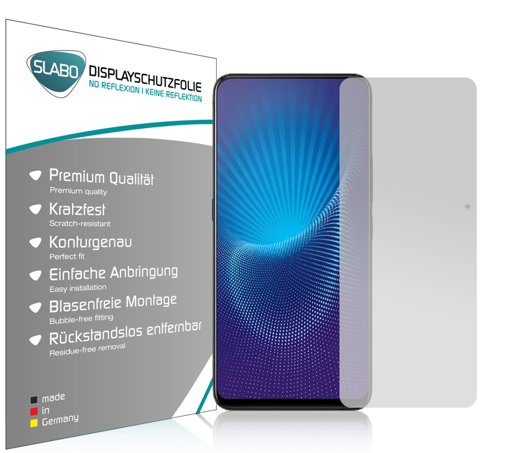 Ein Smartphone-Displayschutz und ein Telefon mit blauem Bildschirm. Der Schutz befindet sich rechts.