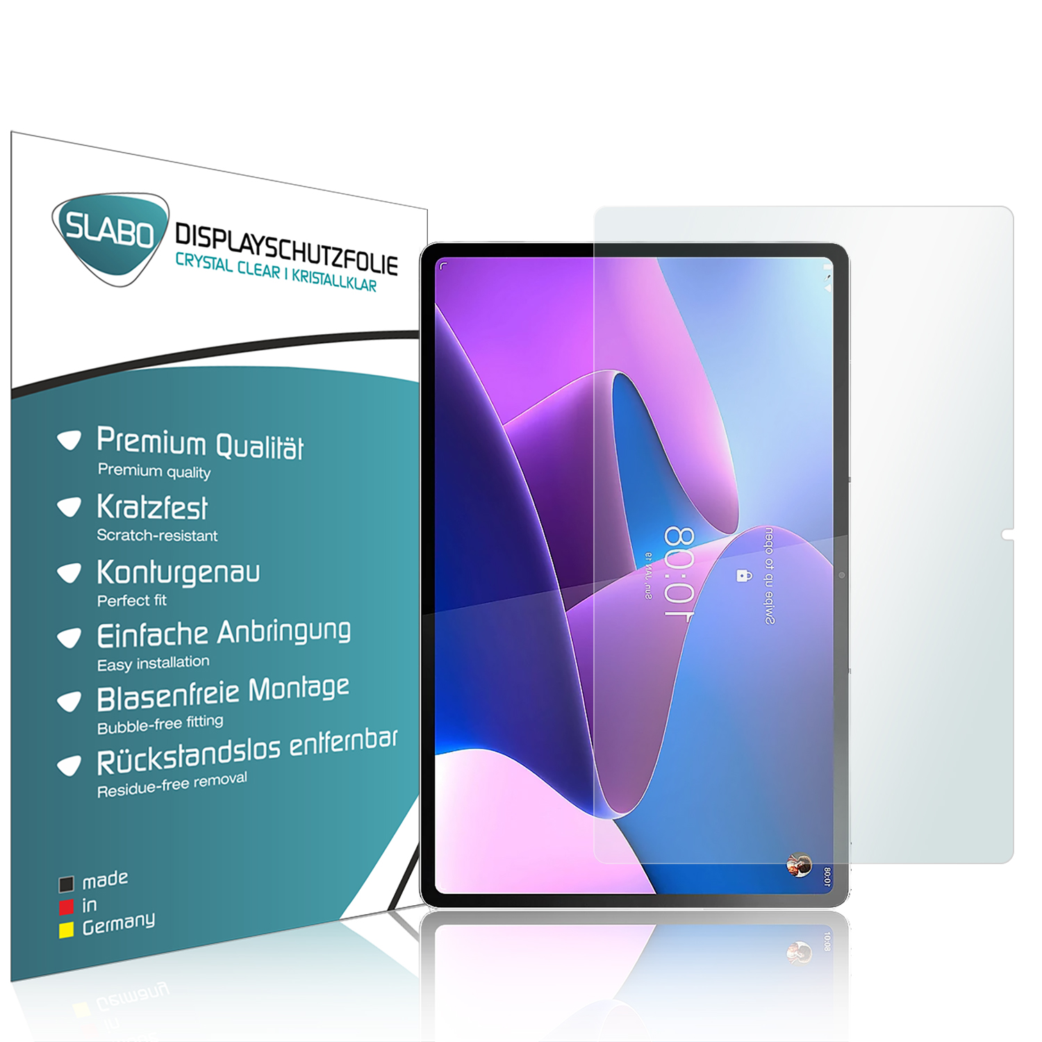 Ein Tablet mit Displayschutz und einem Bildschirm, der die Uhrzeit anzeigt.