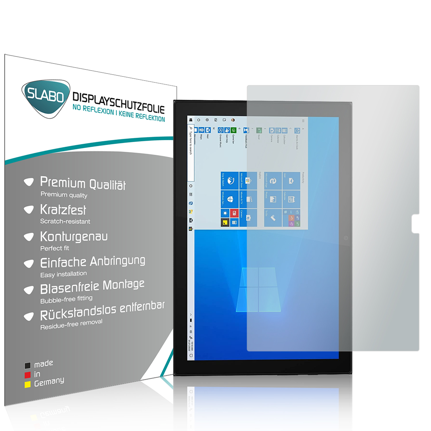 Tablet mit Displayschutzfolie, eine Box mit deutschem Text. Das Tablet zeigt Windows-Oberfläche.