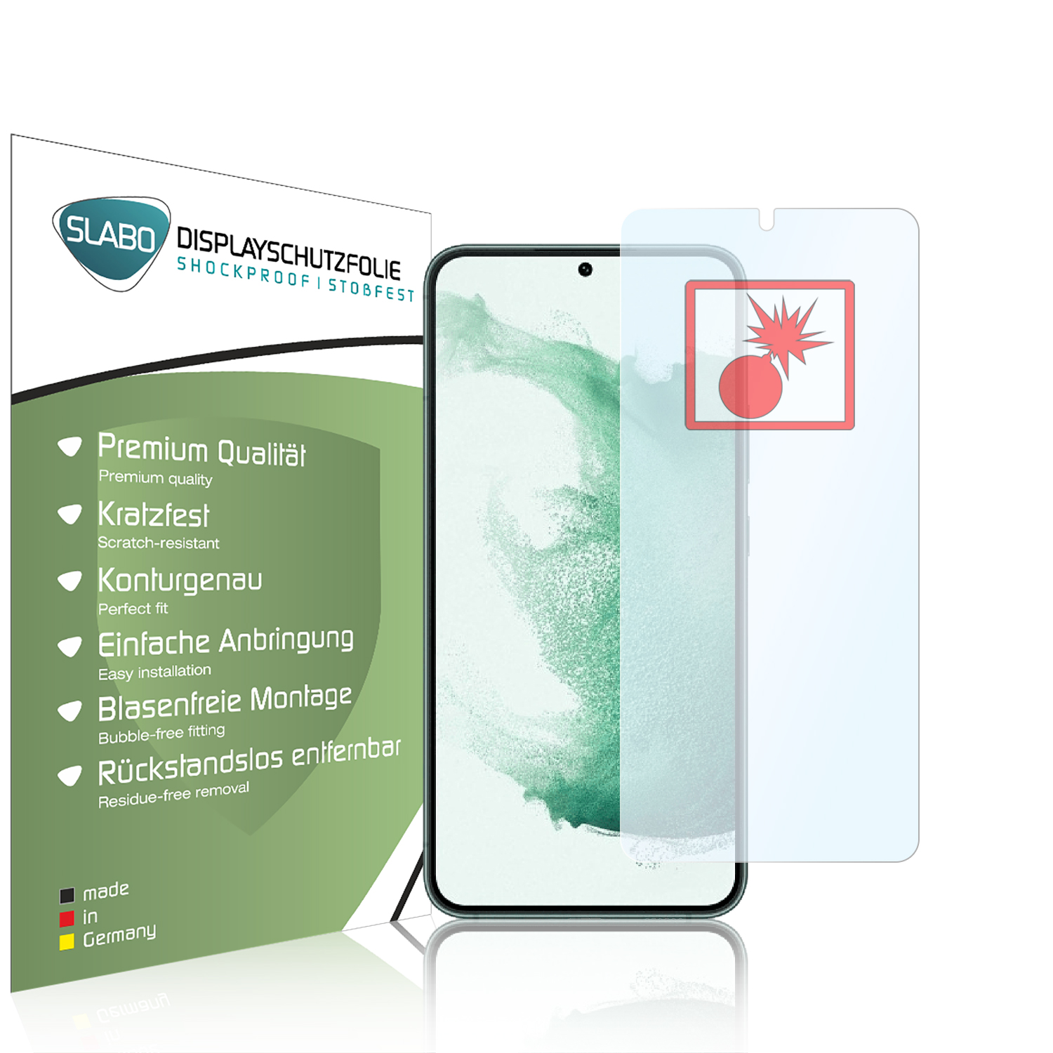 Ein Telefon mit Displayschutzfolie, neben einer Box mit Produktinformationen und rotem Explosionssymbol.
