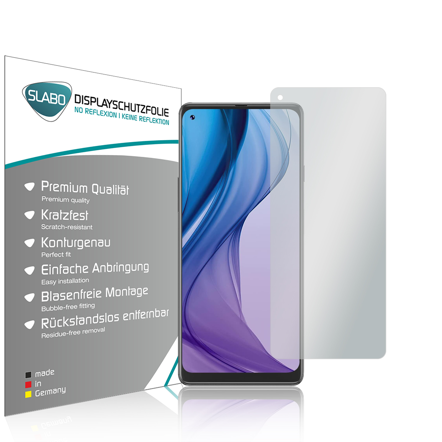 Ein Displayschutz neben einem Telefon. Der Schutz hat einen blau-violetten Farbverlauf. Der Hintergrund ist weiß.