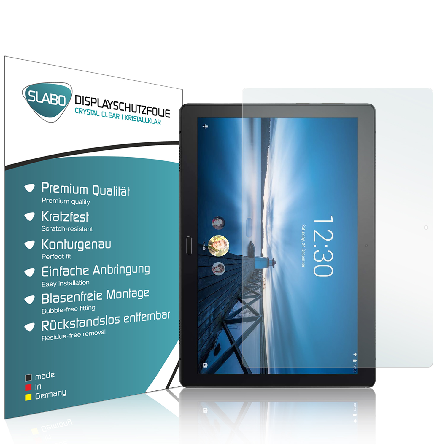 Ein Tablet und eine Displayschutzfolienverpackung. Der Schutz ist klar und das Tablet hat einen Bildschirm mit Uhr.