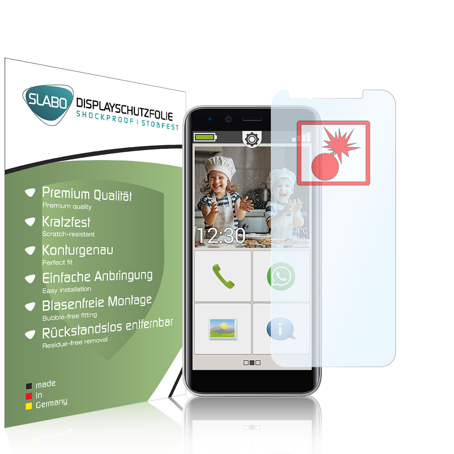 Smartphone mit Displayschutzfolie. Die Folie liegt daneben und daneben eine Produktbox mit Text.