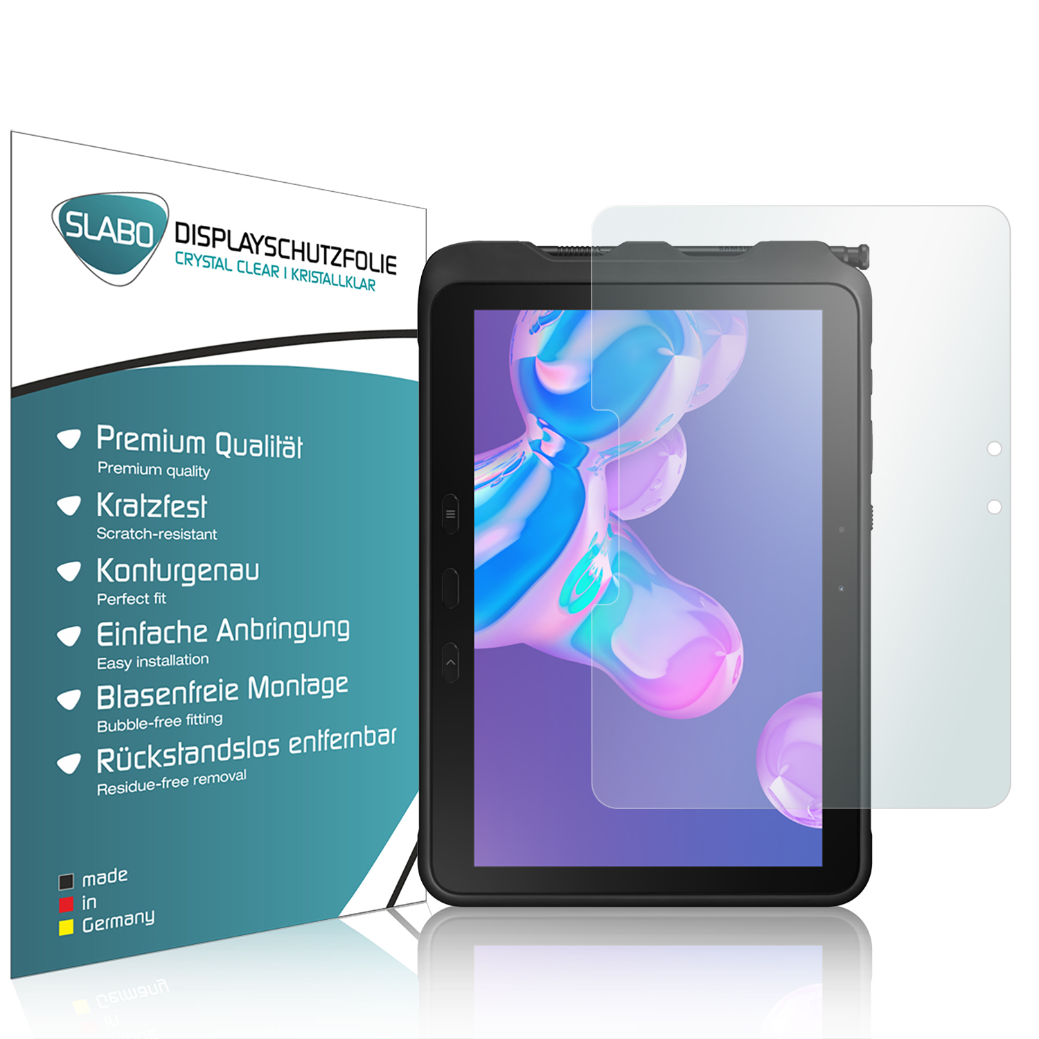 Schwarzes Tablet mit Displayschutzfolie und Box. Der Schutz ist auf dem Bildschirm angebracht.
