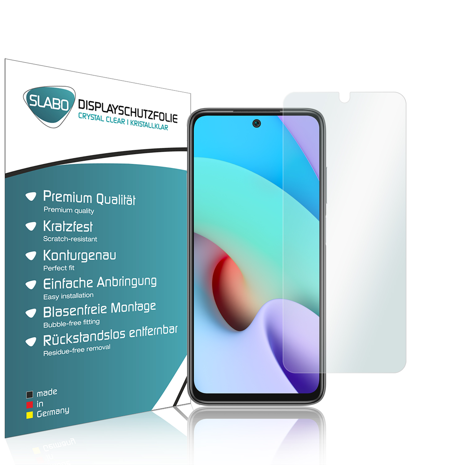 Ein Smartphone mit Displayschutz. Der Bildschirm zeigt ein farbenfrohes Bild.