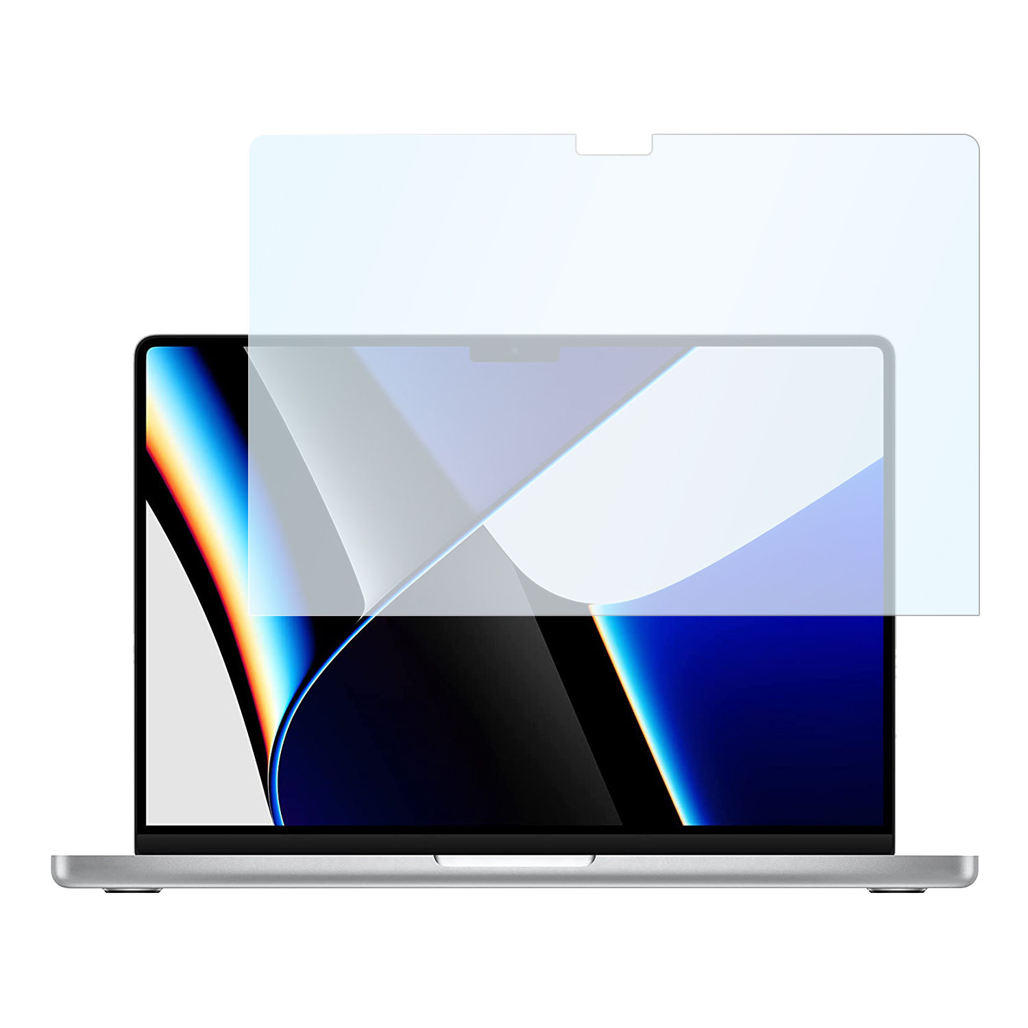 Laptop mit Displayschutz. Der Bildschirm zeigt ein farbenfrohes abstraktes Bild.