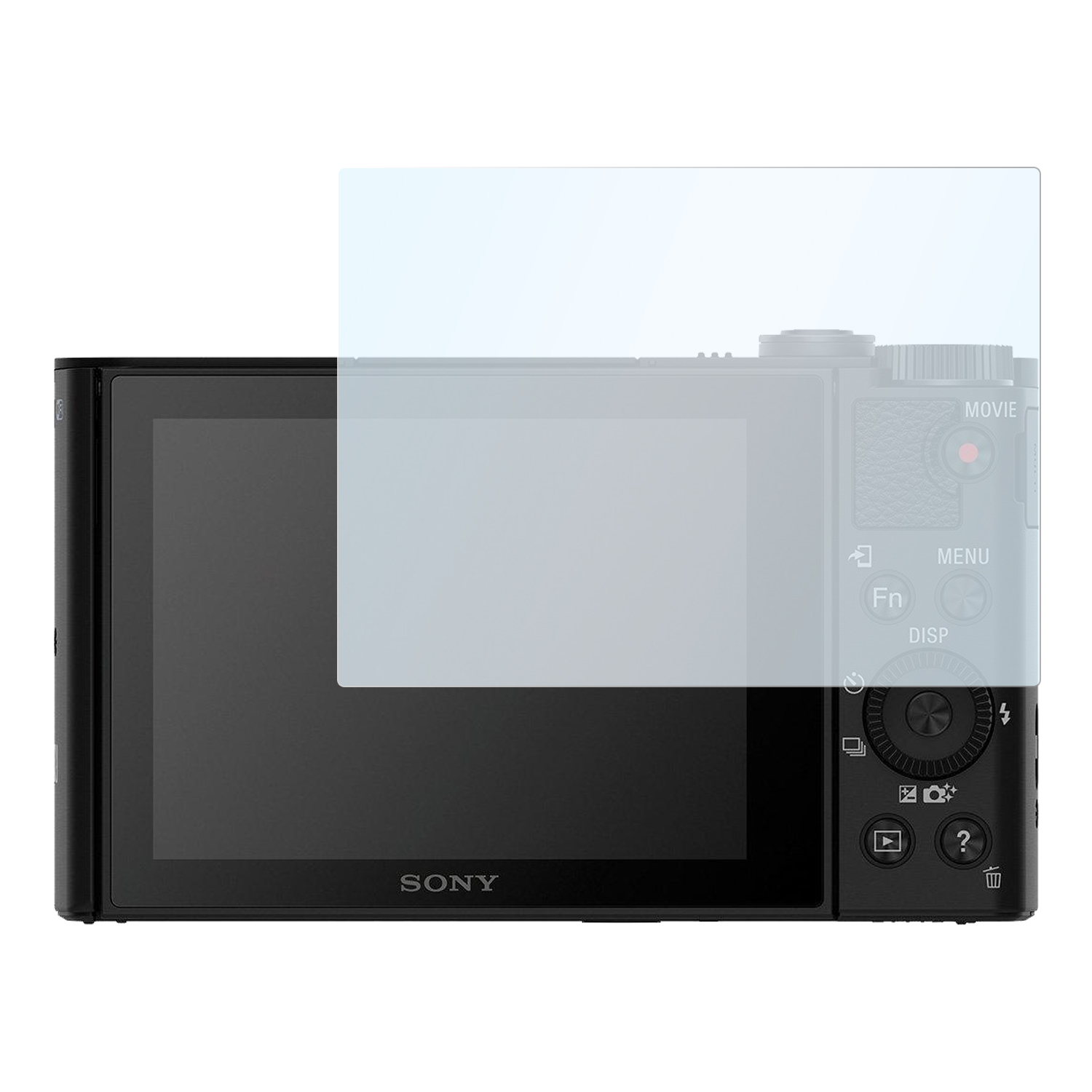Schwarze Digitalkamera mit angebrachter Displayschutzfolie. Der Bildschirm zeigt eine Vorschau.