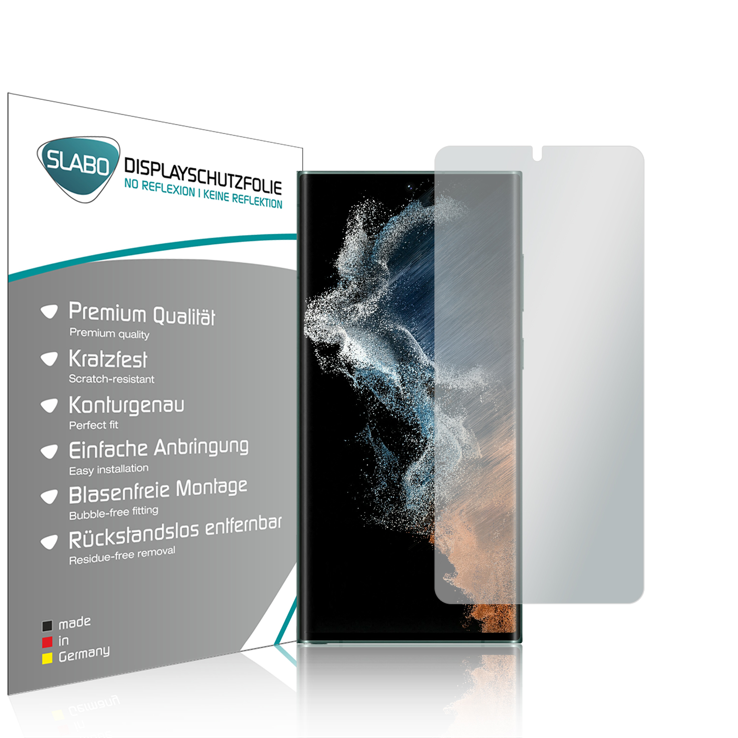 Handy mit Displayschutz. Verpackung mit Produktdetails links. Weißer Hintergrund.