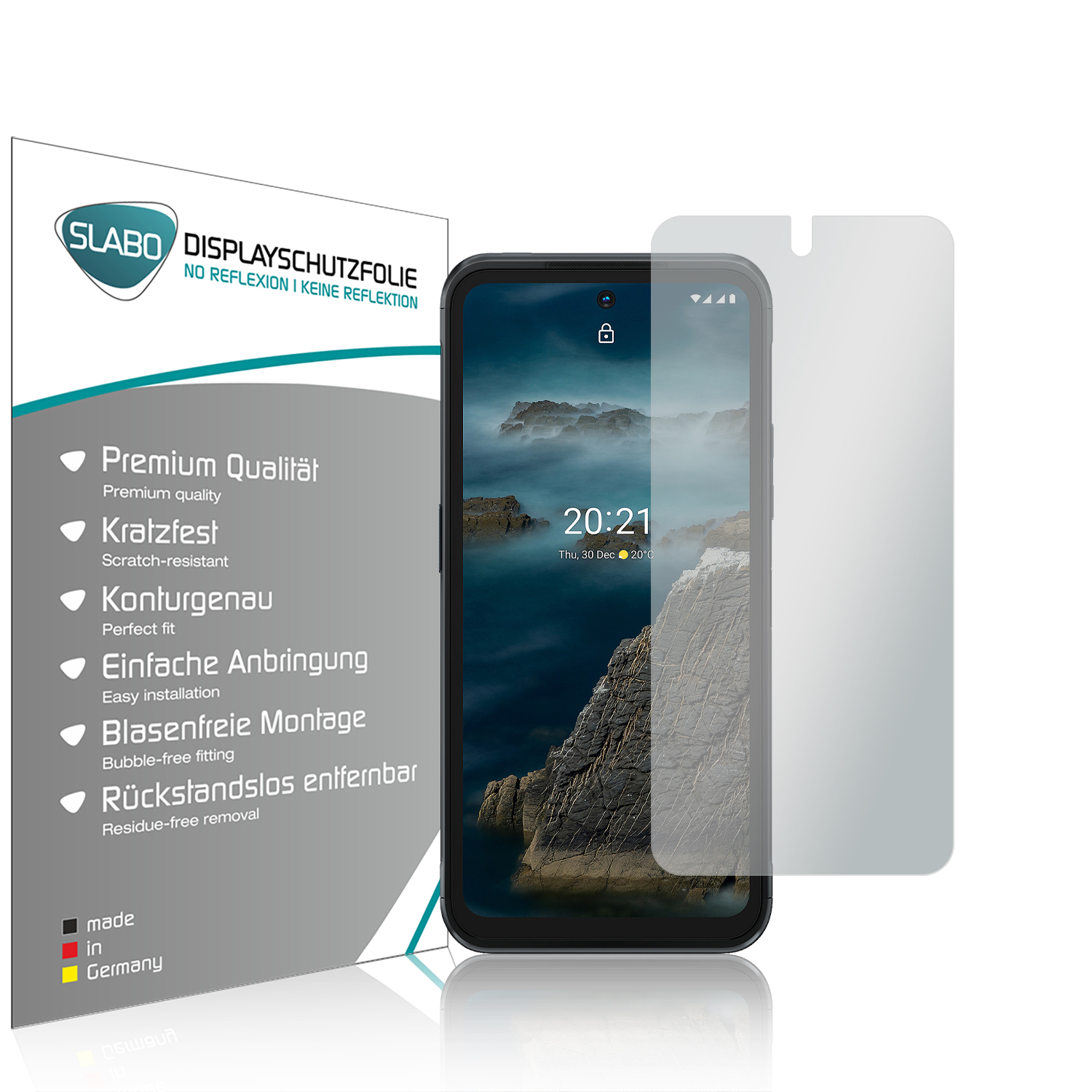 Eine Displayschutzfolien-Verpackung mit einem Telefon und einer Schutzfolie. Zeigt Datum und Uhrzeit auf dem Telefon.