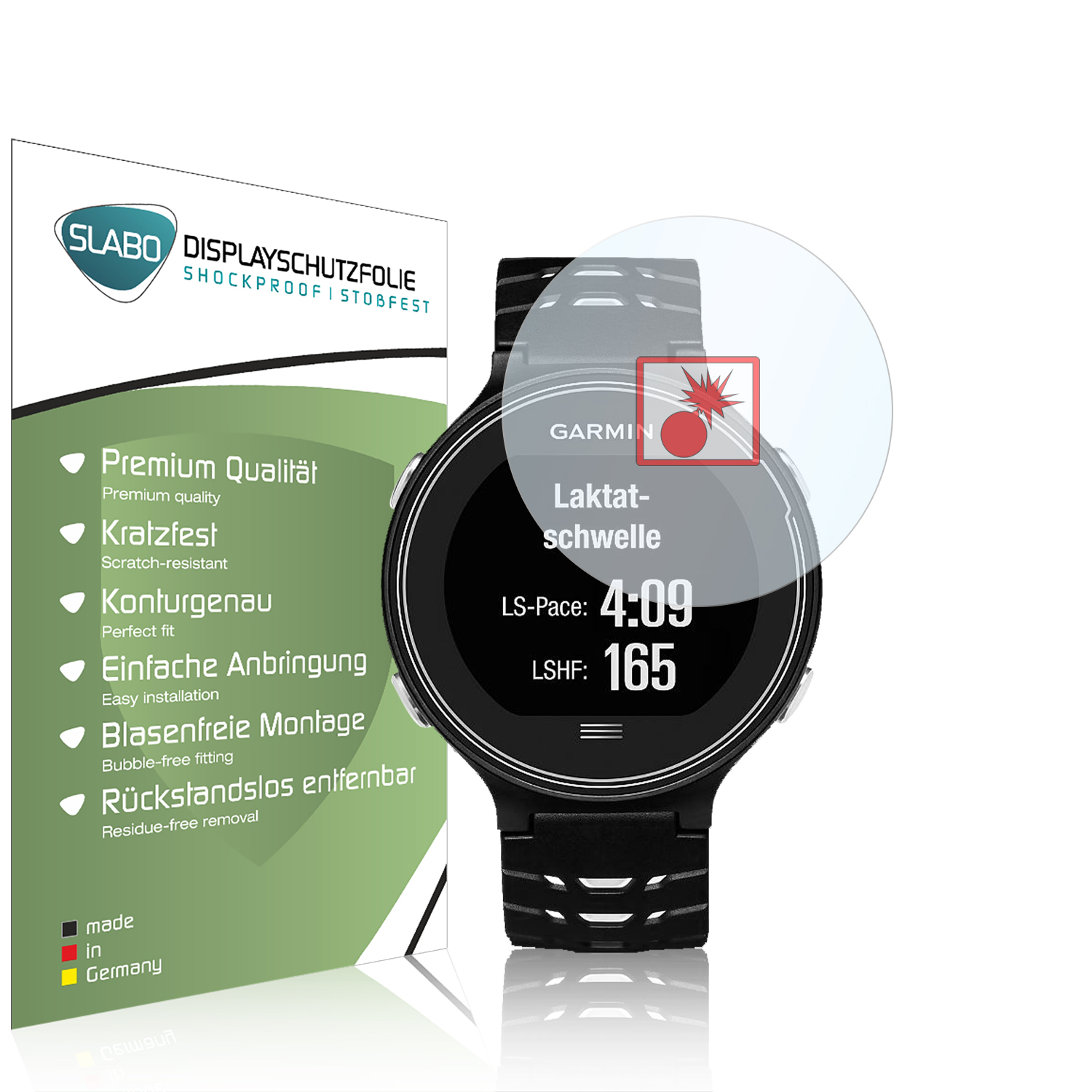 Eine Smartwatch mit Schutzfolie. Der Bildschirm zeigt Trainingsmetriken an.