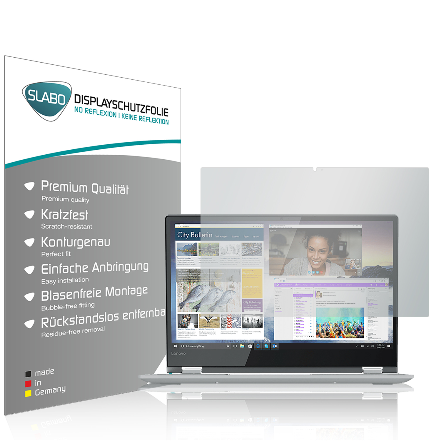 Laptop mit Displayschutzfolie und einer Displayschutzfolienverpackung.