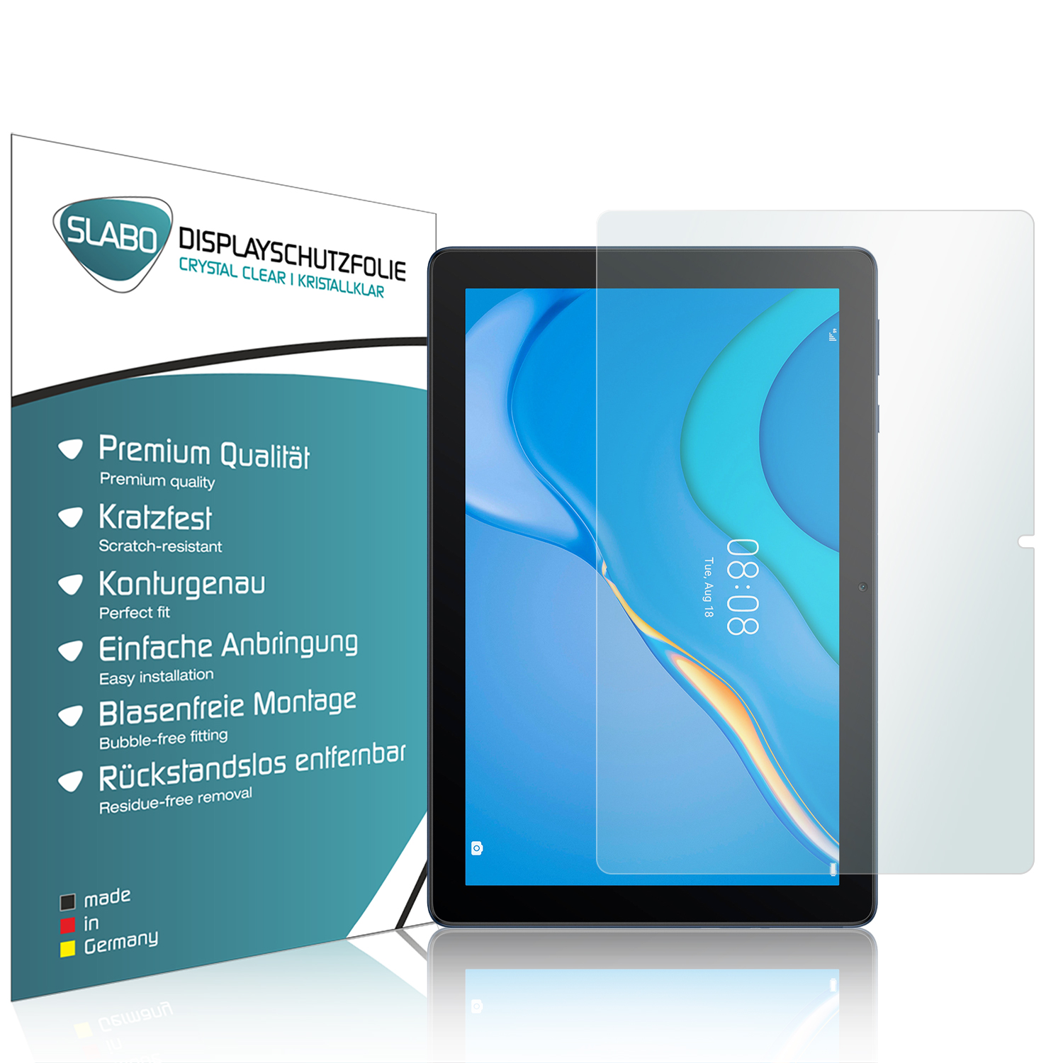 Tablet mit Displayschutzfolie. Schutzfolie ist transparent. Bildschirm zeigt blaues und gelbes Design.