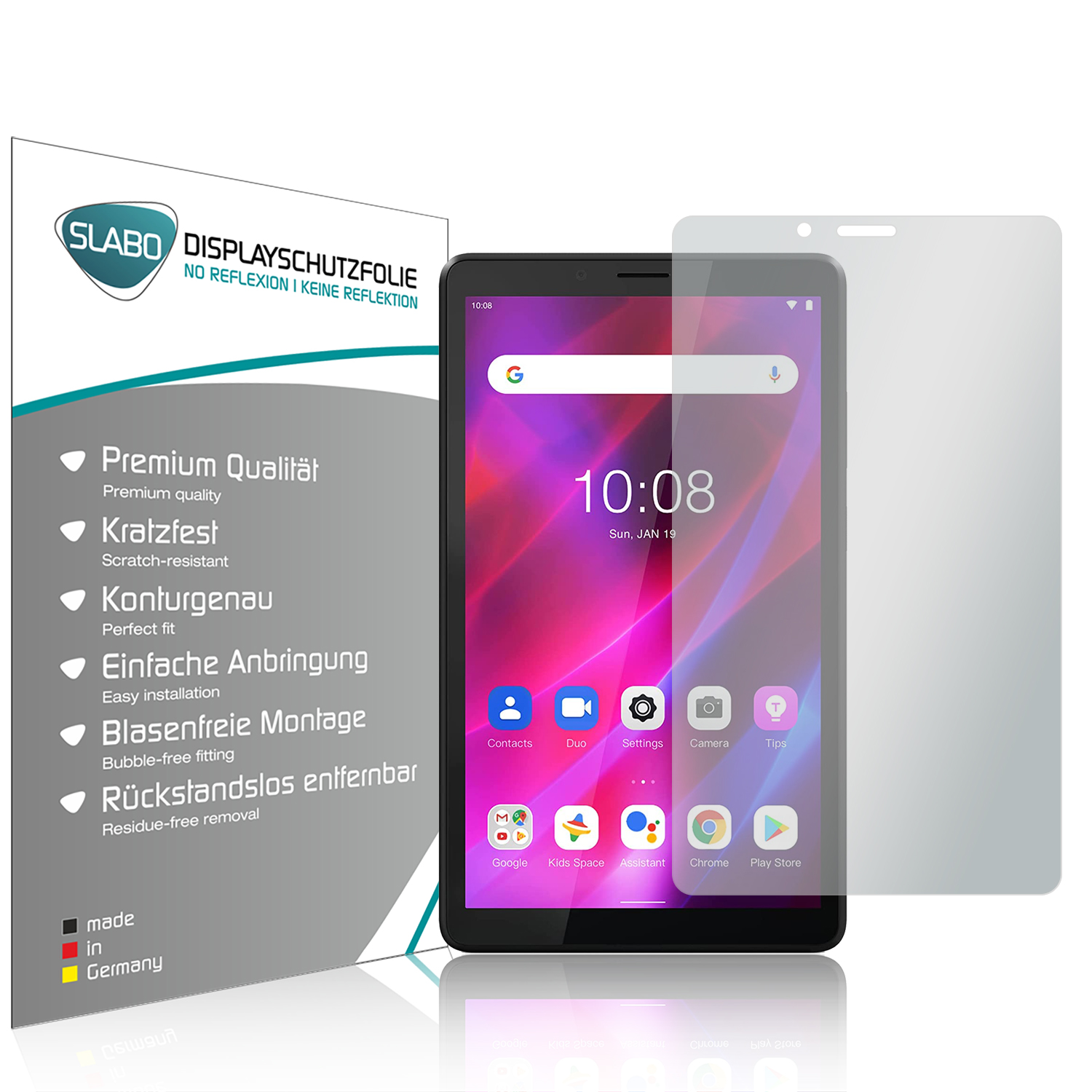 Tablet mit Displayschutzfolie neben der Verpackung, zeigt Zeit und Datum.