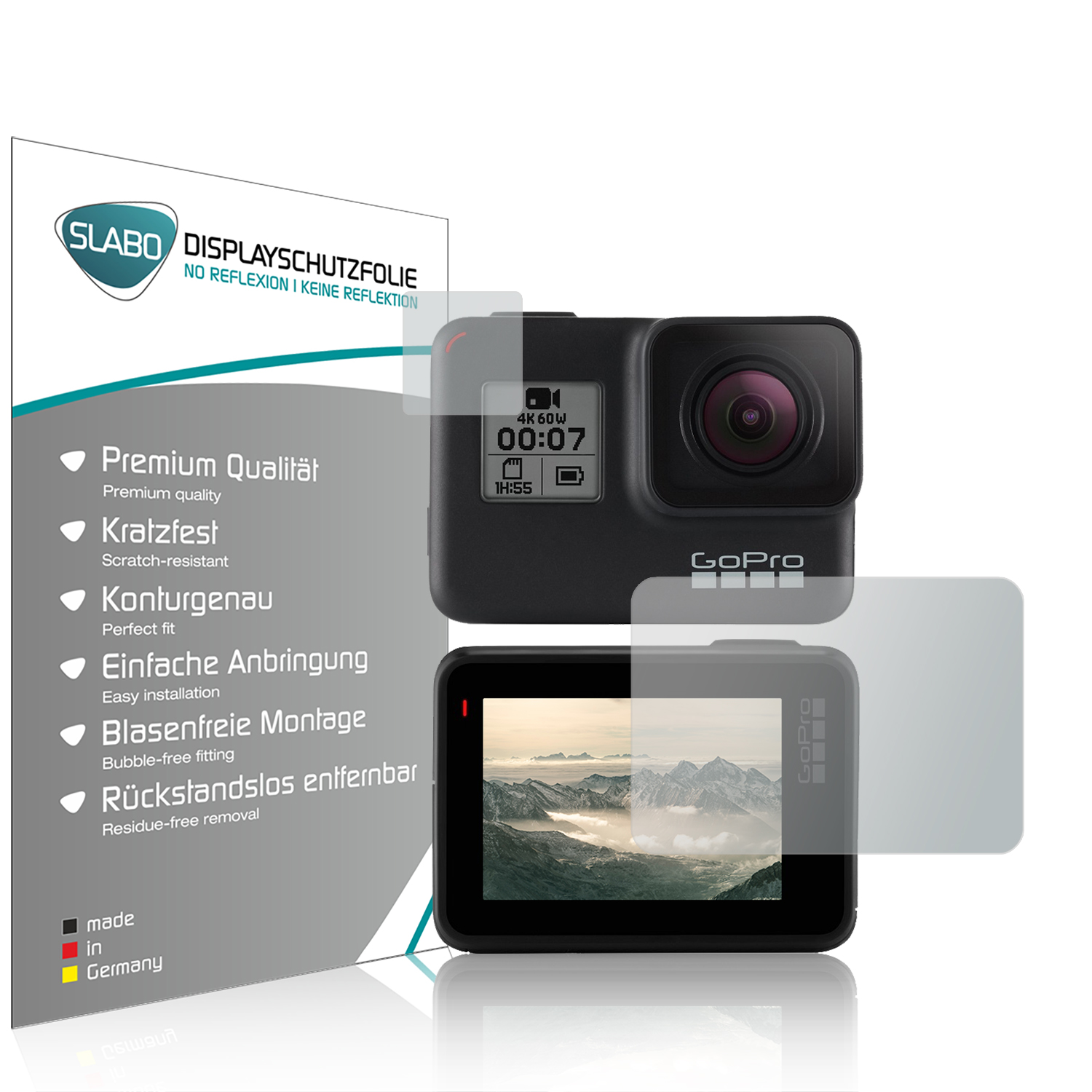 GoPro-Kamera mit Displayschutzfolie. Der Schutz ist auf dem Bildschirm. Box mit Text daneben.