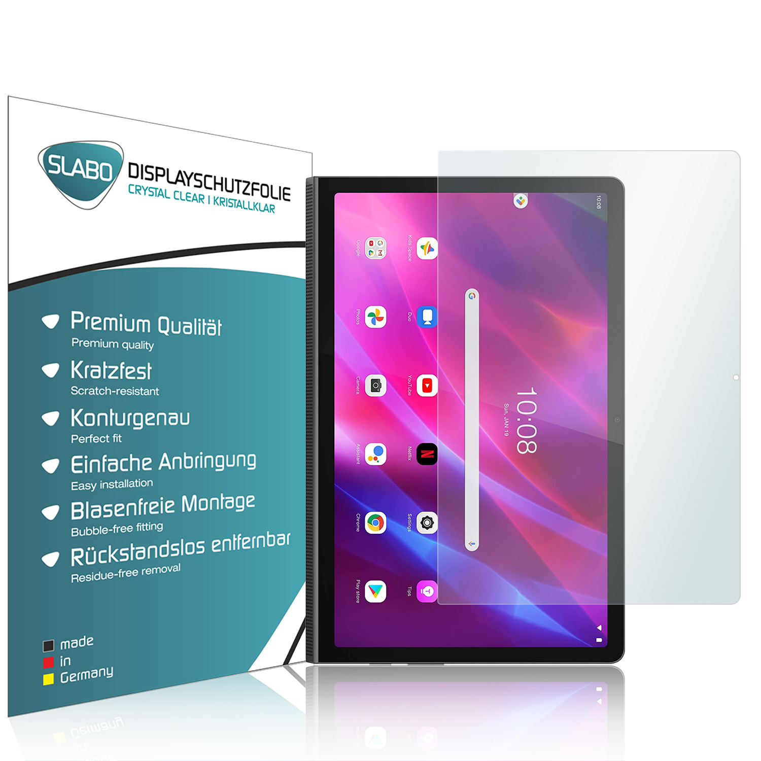 Displayschutzfolie und Tablet, mit einem Tablet, das einen Startbildschirm zeigt.
