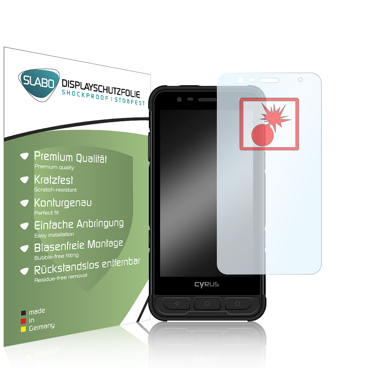 Schwarzes Telefon mit Displayschutz und Box, weißer Hintergrund.